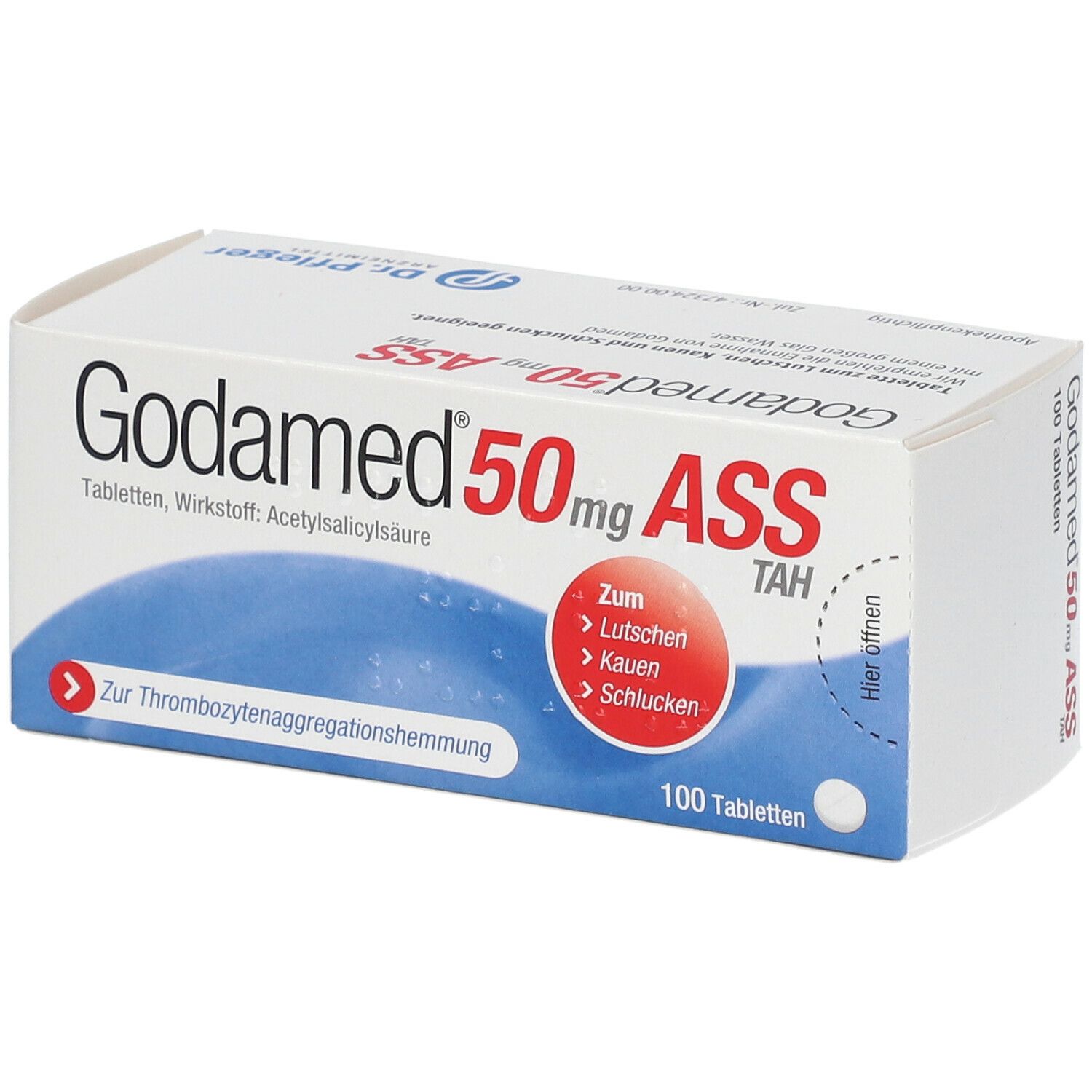 Godamed 50mg ASS TAH-Packung. Enthält 100 Tabletten. Aufschrift: Zum Lutschen, Kauen, Schlucken. Wirkstoff: Acetylsalicylsäure.