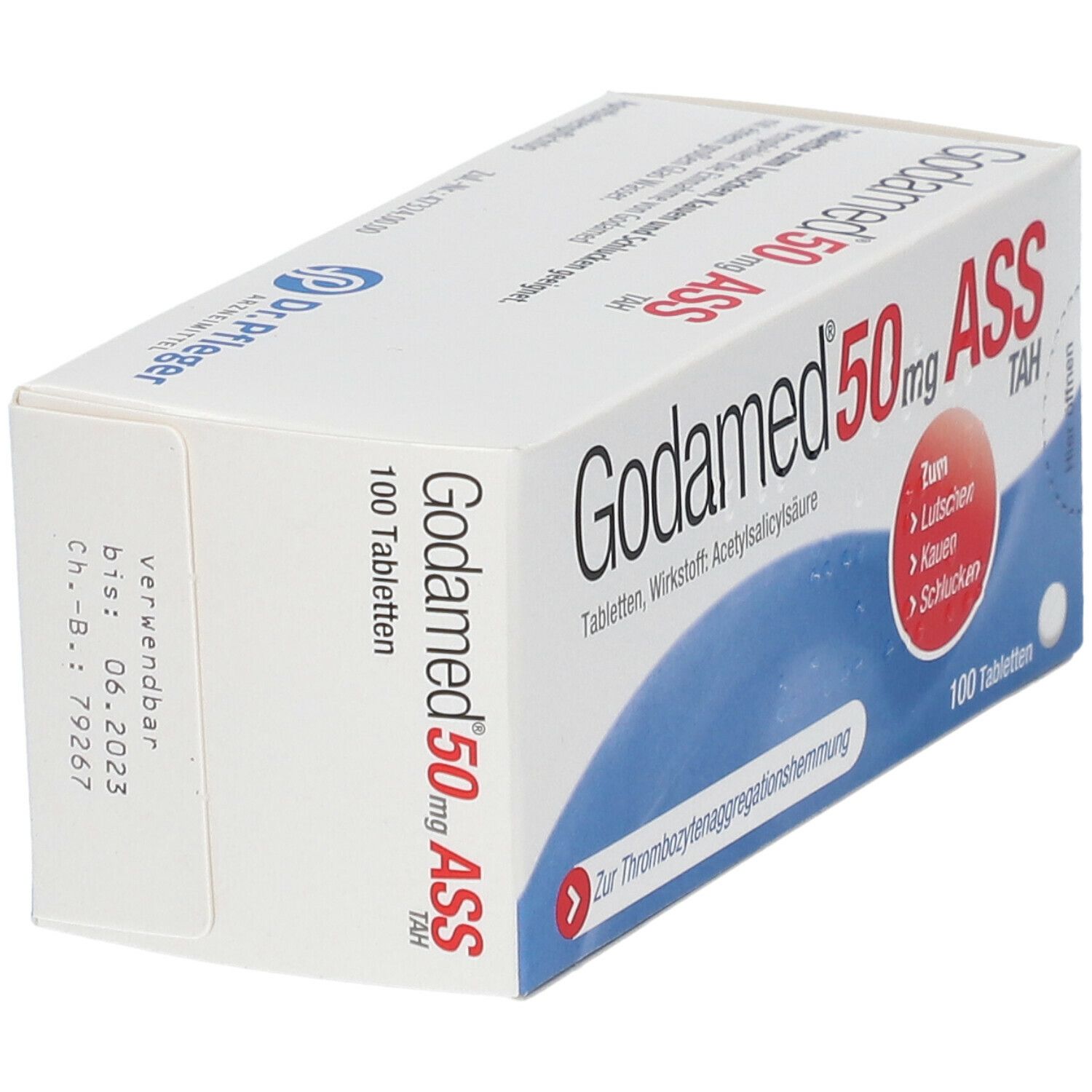 Godamed 50mg ASS TAH-Packung. Enthält 100 Tabletten. Aufschrift: Zum Lutschen, Kauen, Schlucken. Wirkstoff: Acetylsalicylsäure.