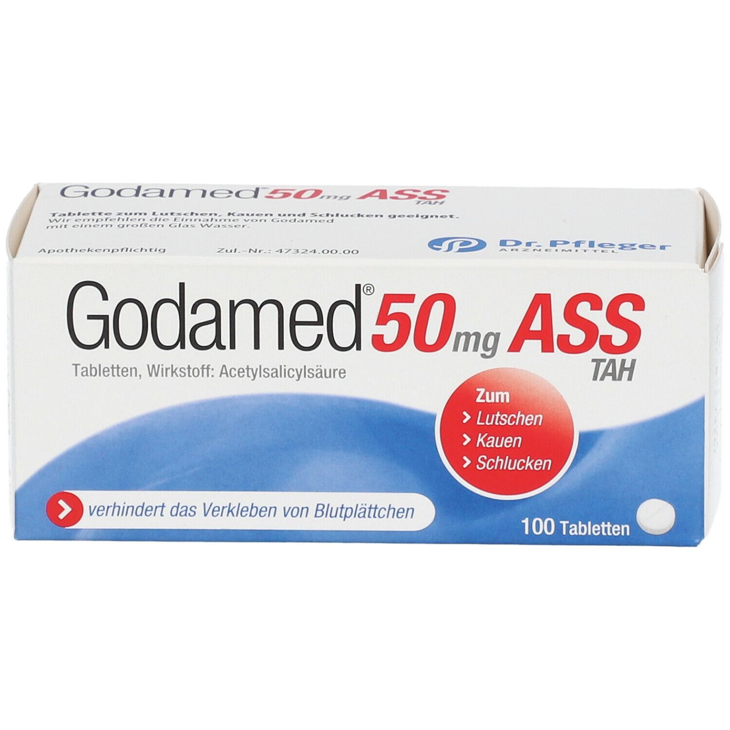 Godamed 50mg ASS TAH-Packung. Enthält 100 Tabletten. Aufschrift: Zum Lutschen, Kauen, Schlucken. Wirkstoff: Acetylsalicylsäure.