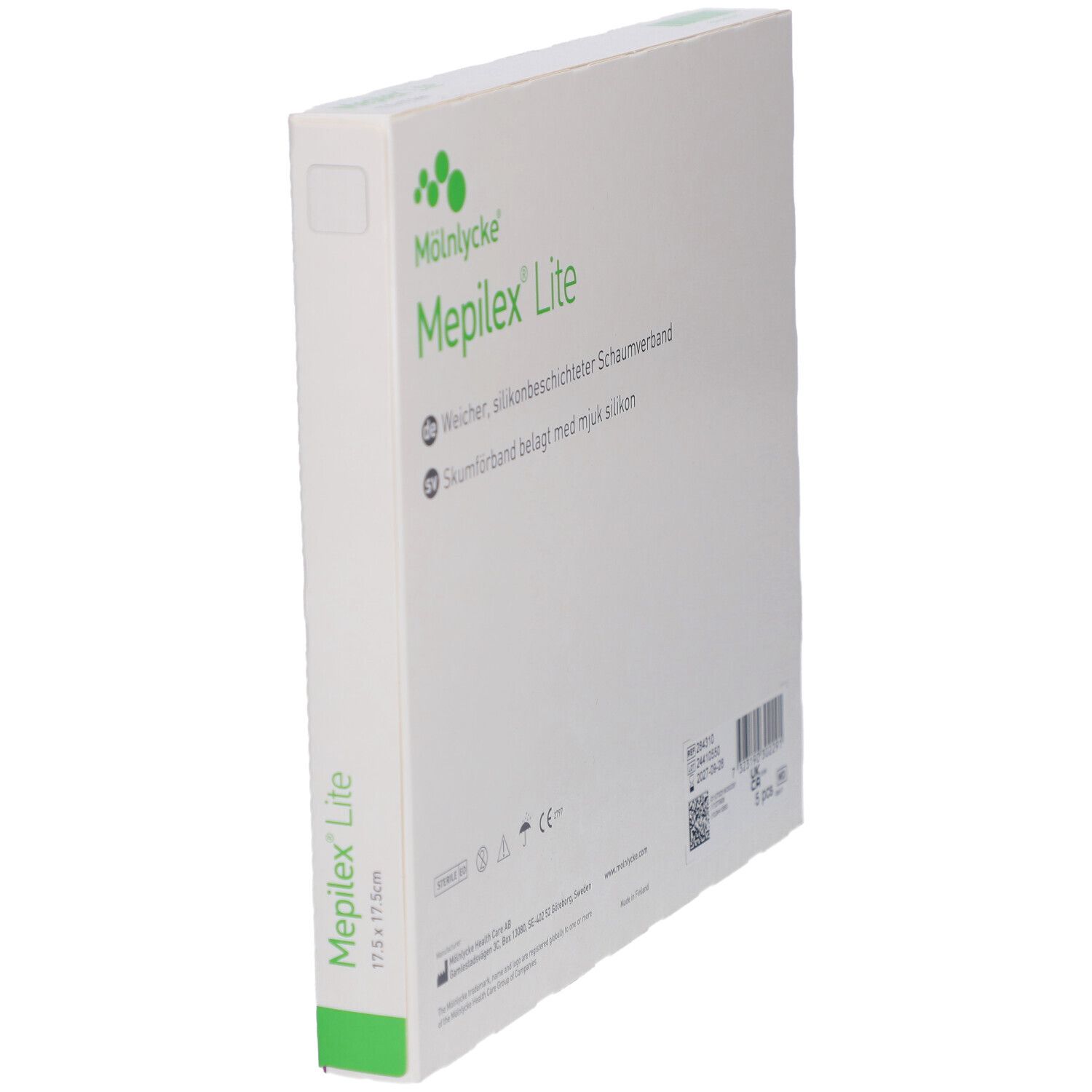Mepilex Lite Verpackung, schräg. Rückseite sichtbar. Text und Barcode. Größe: 17,5 x 17,5 cm. Grün und weiß.