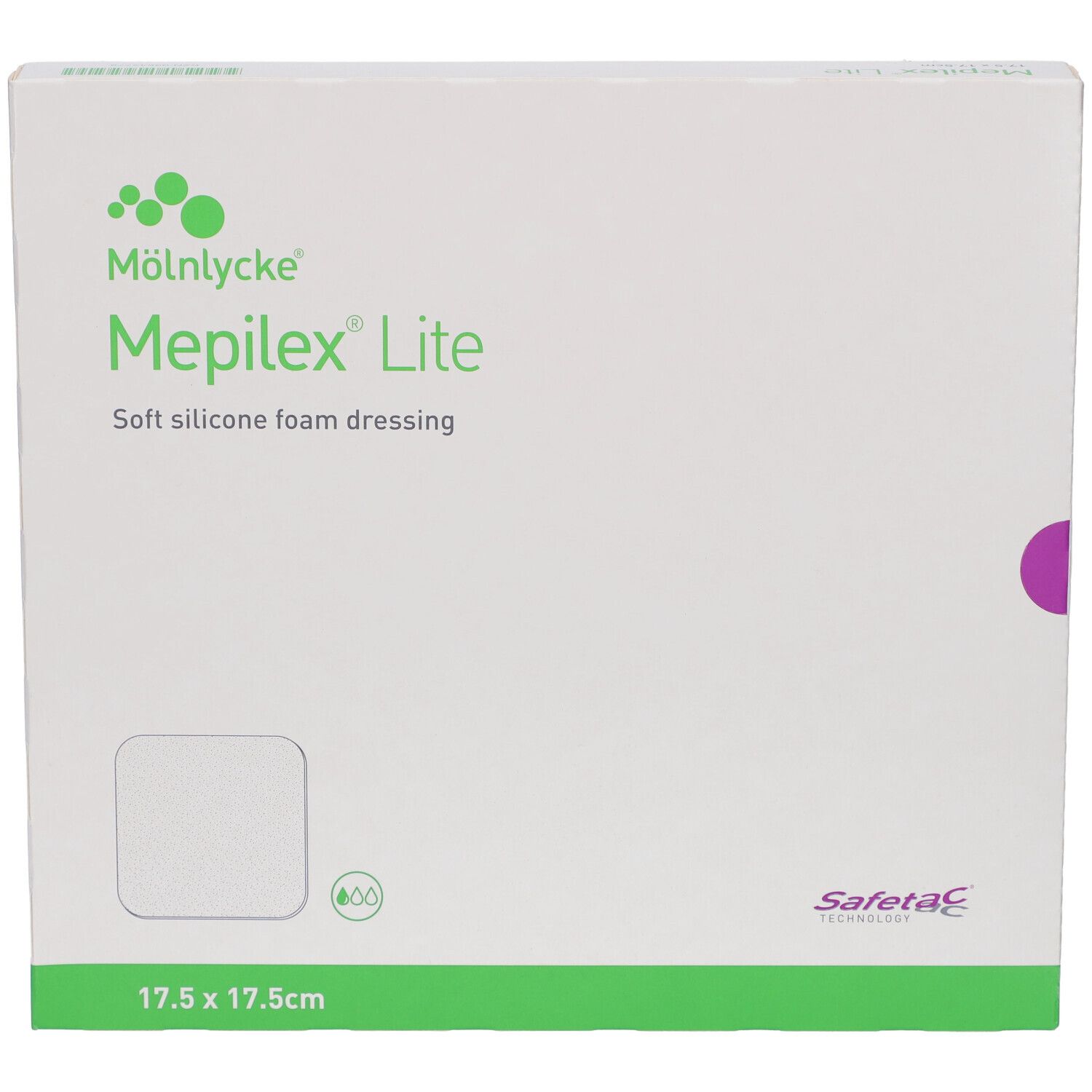 Vorderseite der Mepilex Lite Verpackung. Weiß mit grünen und lila Akzenten. Größe: 17,5 x 17,5 cm. Marke und Produktname deutlich sichtbar.