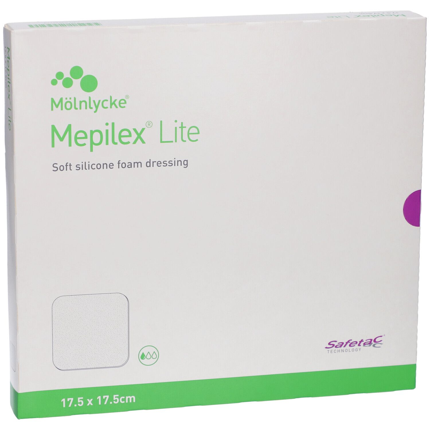 Vorderseite der Mepilex Lite Verpackung. Weiß mit grünen und lila Akzenten. Größe: 17,5 x 17,5 cm. Marke und Produktname deutlich sichtbar.