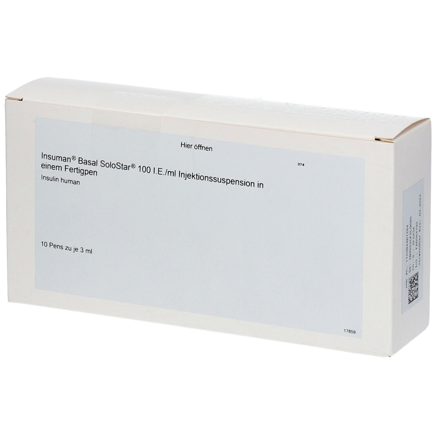 Weiße Kartonverpackung. Beschriftung: Insuman Basal SoloStar 100 I.E./ml Injektionssuspension in einem Fertigpen. 10 Pens zu je 3 ml.