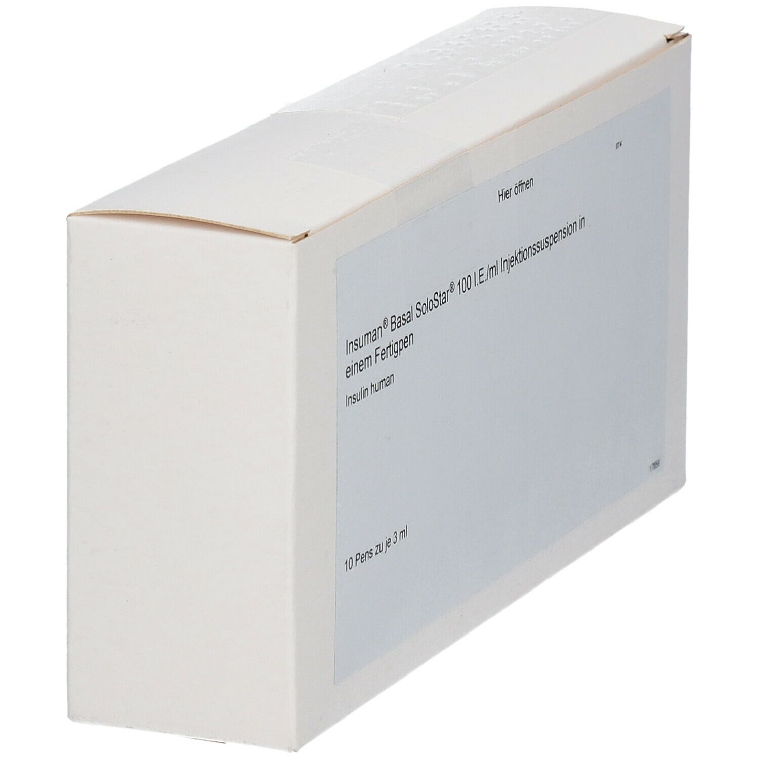 Schräg gestellte, weiße Kartonverpackung. Beschriftung: Insuman Basal SoloStar 100 I.E./ml Injektionssuspension in einem Fertigpen. 10 Pens zu je 3 ml.