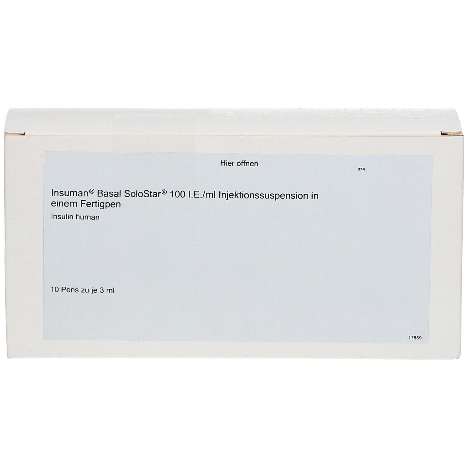 Weiße Kartonverpackung. Beschriftung: Insuman Basal SoloStar 100 I.E./ml Injektionssuspension in einem Fertigpen. 10 Pens zu je 3 ml.