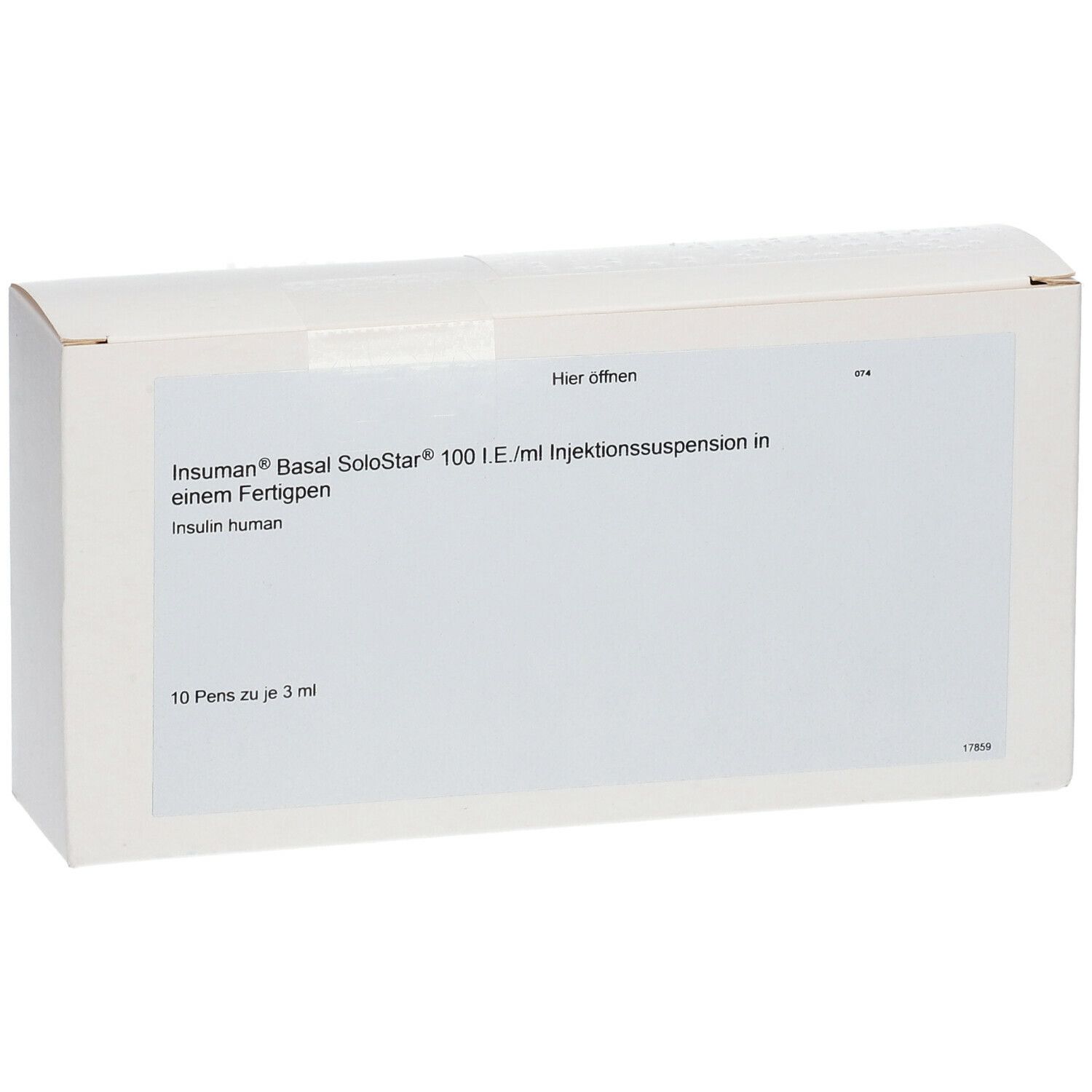 Weiße Kartonverpackung. Beschriftung: Insuman Basal SoloStar 100 I.E./ml Injektionssuspension in einem Fertigpen. 10 Pens zu je 3 ml.