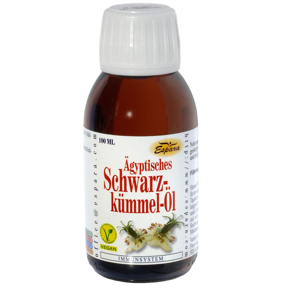 Braune Glasflasche mit weißem Deckel. Etikett mit Produktname: Schwarzkümmel-Öl. Vegan-Siegel. Text: Immunsystem.