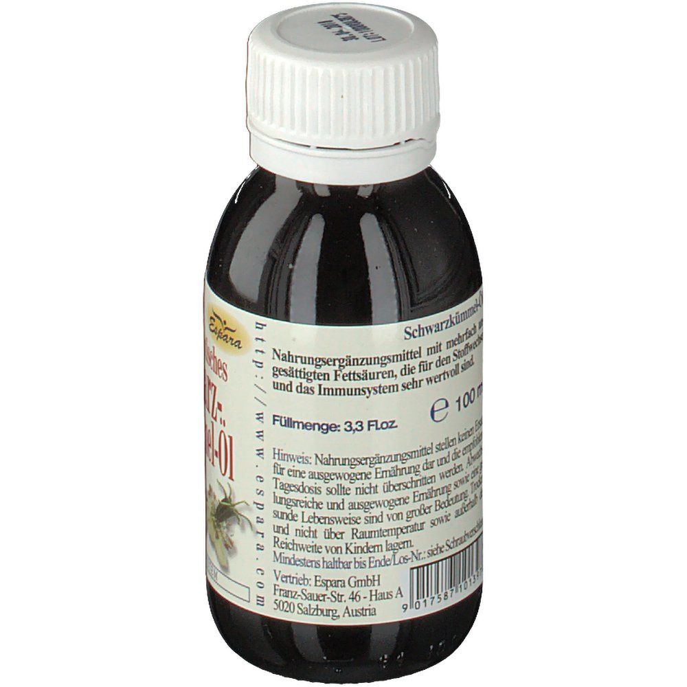 Braune Glasflasche mit weißem Deckel. Etikett mit Produktname: Schwarzkümmel-Öl. Text: 100 ml. Informationen zum Produkt.