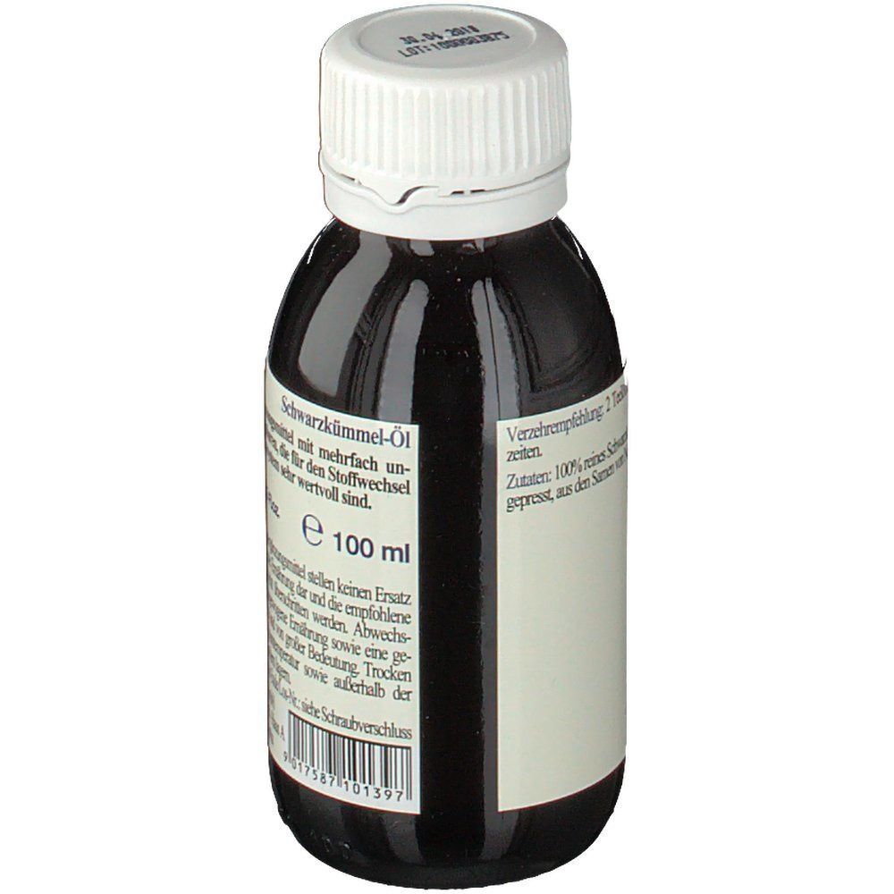 Braune Glasflasche mit weißem Deckel. Etikett mit Produktname: Schwarzkümmel-Öl. Text: 100 ml. Informationen zum Produkt.