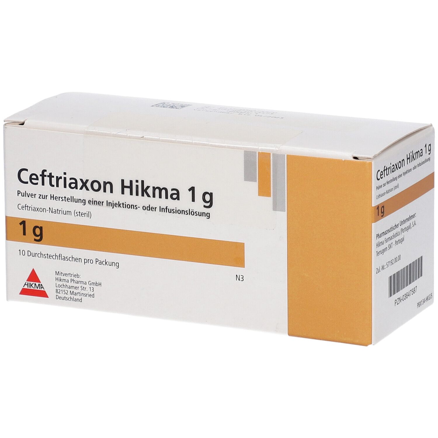 Schachtel mit CEFTRIAXON Hikma 1 g Pulver. Aufdrucke: 1 g, 10 Durchstechflaschen pro Packung. Logo Hikma.