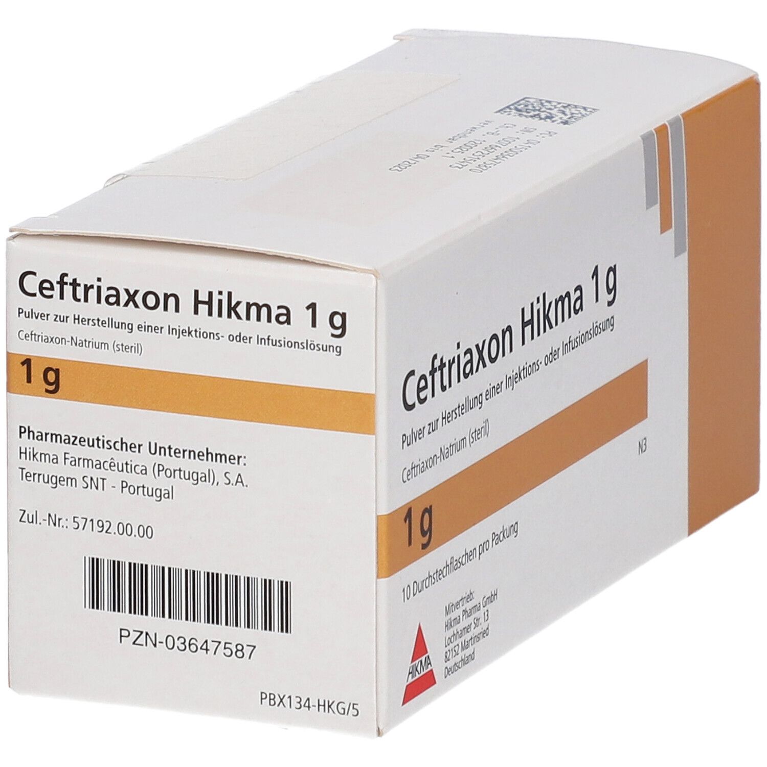 Schachtel CEFTRIAXON Hikma 1 g. Aufdrucke: 1 g, 10 Durchstechflaschen pro Packung. Logo Hikma. Pharmazeutisches Unternehmen.