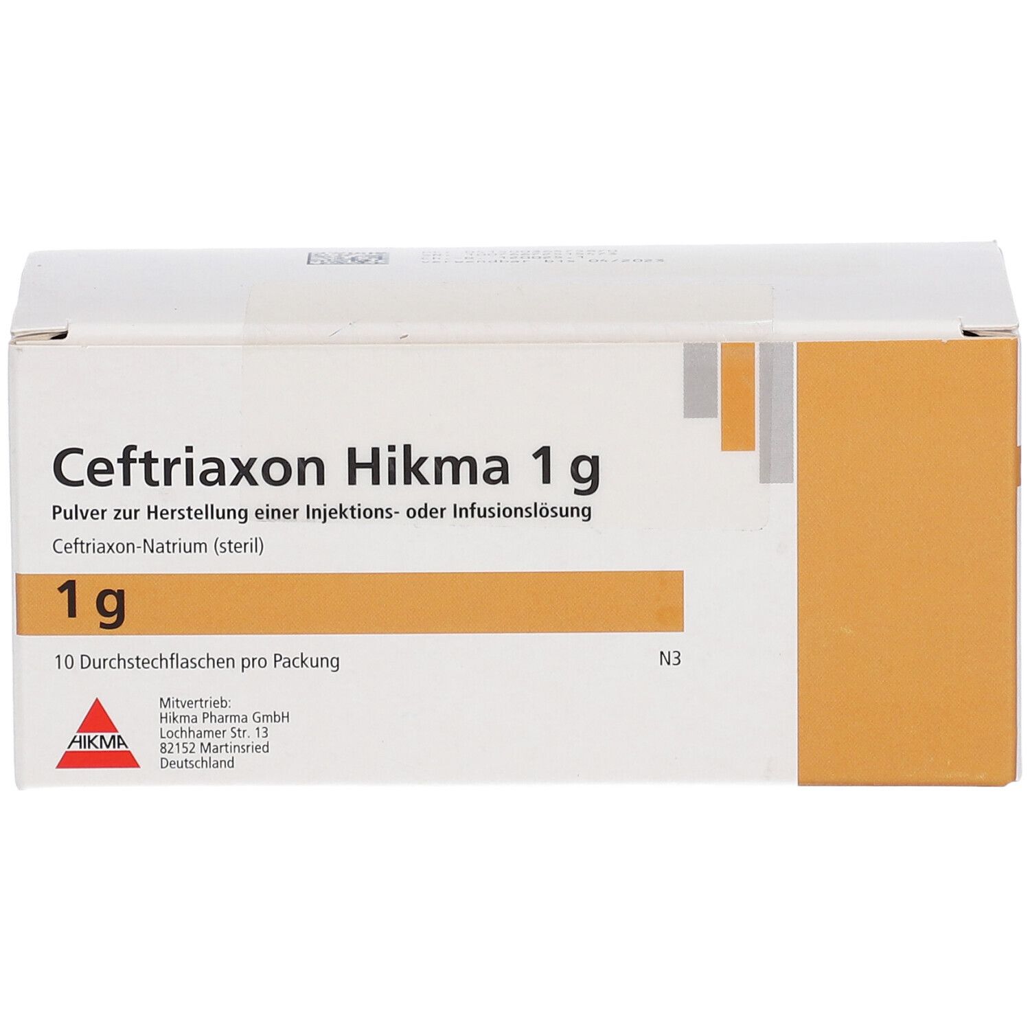 Schachtel CEFTRIAXON Hikma 1 g. Aufdrucke: 1 g, 10 Durchstechflaschen pro Packung. Logo Hikma. Text auf der Verpackung.