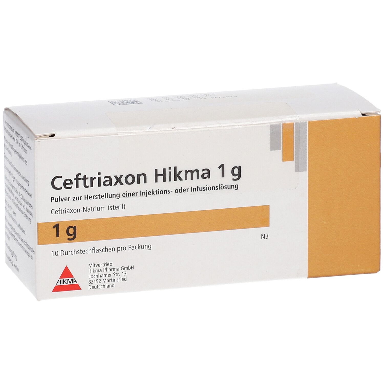 Schachtel CEFTRIAXON Hikma 1 g. Aufdrucke: 1 g, 10 Durchstechflaschen pro Packung. Logo Hikma. Text auf der Verpackung.