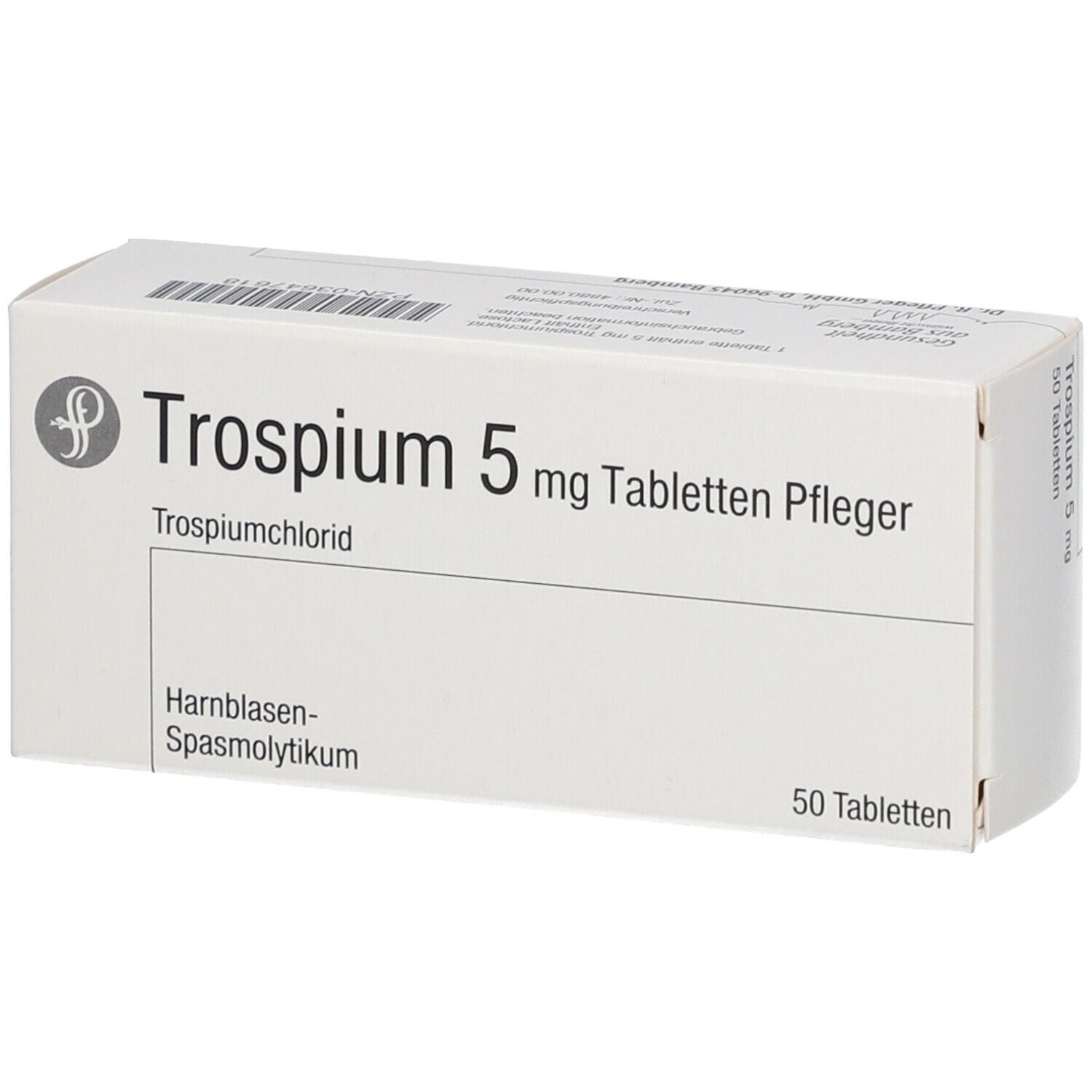 Weiße Tablettenbox mit Aufschrift 'Trospium 5 mg Tabletten Pfleger'. Enthält 50 Tabletten. Text: 'Trospiumchlorid'.