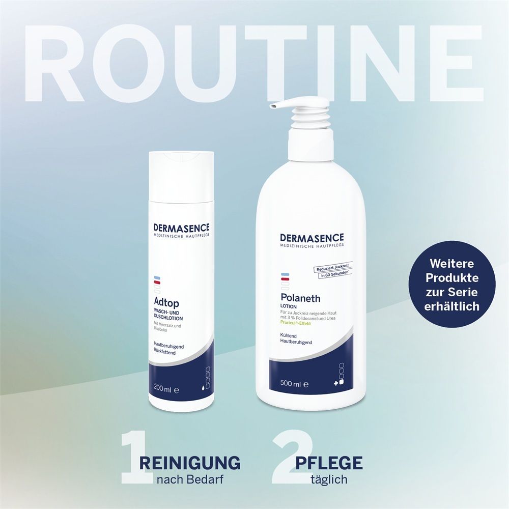 Zwei Dermasence Hautpflegeprodukte: Adtop Reinigungslotion (200ml) und Polaneth Lotion (500ml).