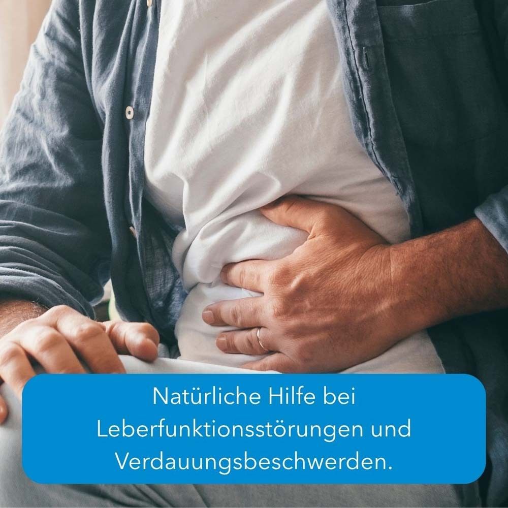Person hält Bauch. Blaue Fläche mit Text: Natürliche Hilfe bei Leberfunktionsstörungen und Verdauungsbeschwerden.