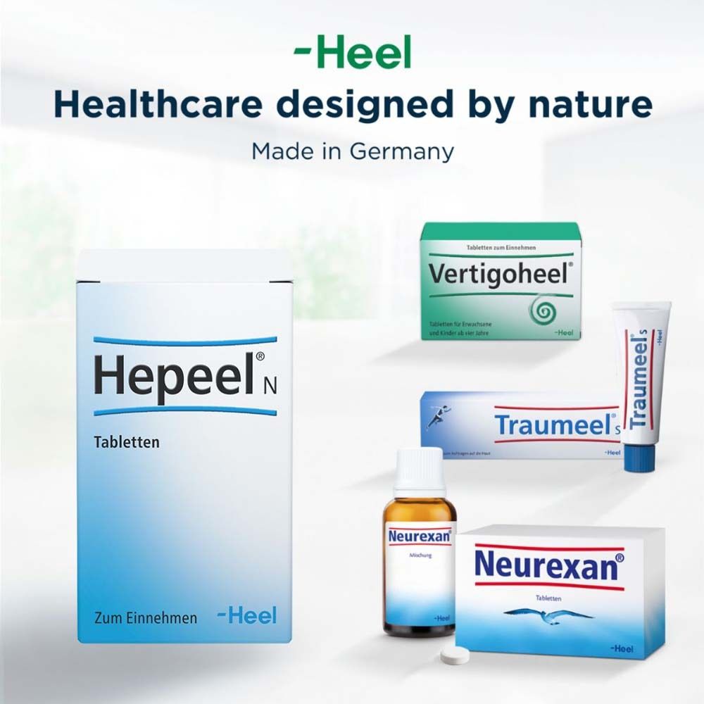 Verschiedene Produkte der Marke -Heel: Hepeel N, Vertigoheel, Traumeel, Neurexan.