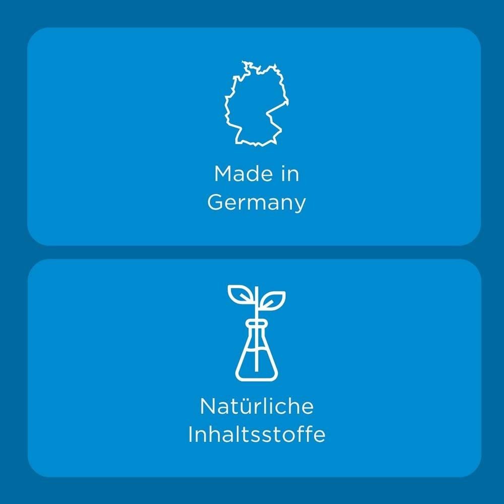 Blauer Hintergrund mit Text: Made in Germany. Symbol: Deutschland-Umriss. Symbol: Natürliche Inhaltsstoffe.