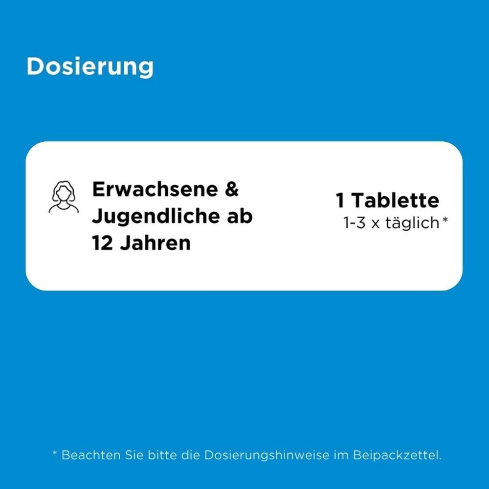Blauer Hintergrund mit Text: Dosierung. Text: Erwachsene & Jugendliche ab 12 Jahren. 1 Tablette 1-3 x täglich.