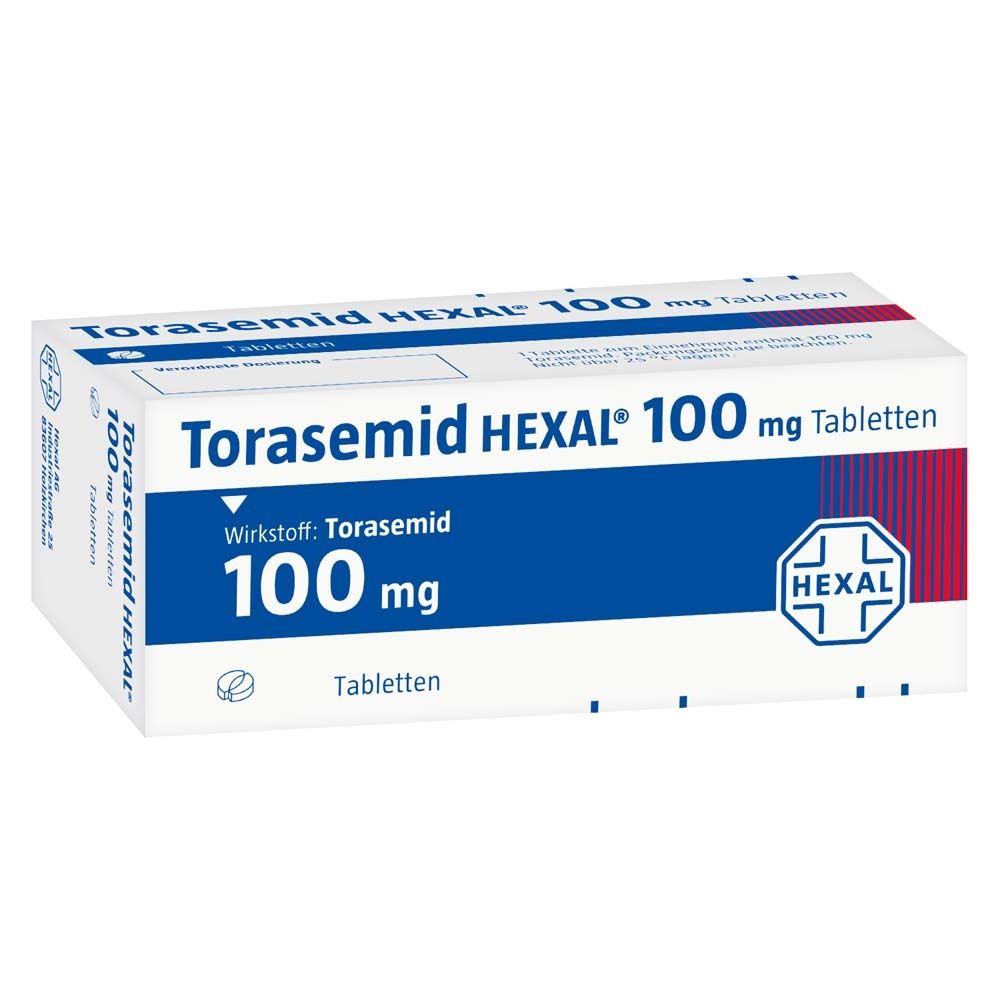 Schachtel mit Torasemid HEXAL 100 mg Tabletten. Blaue und weiße Verpackung mit Produktinformationen und HEXAL-Logo.