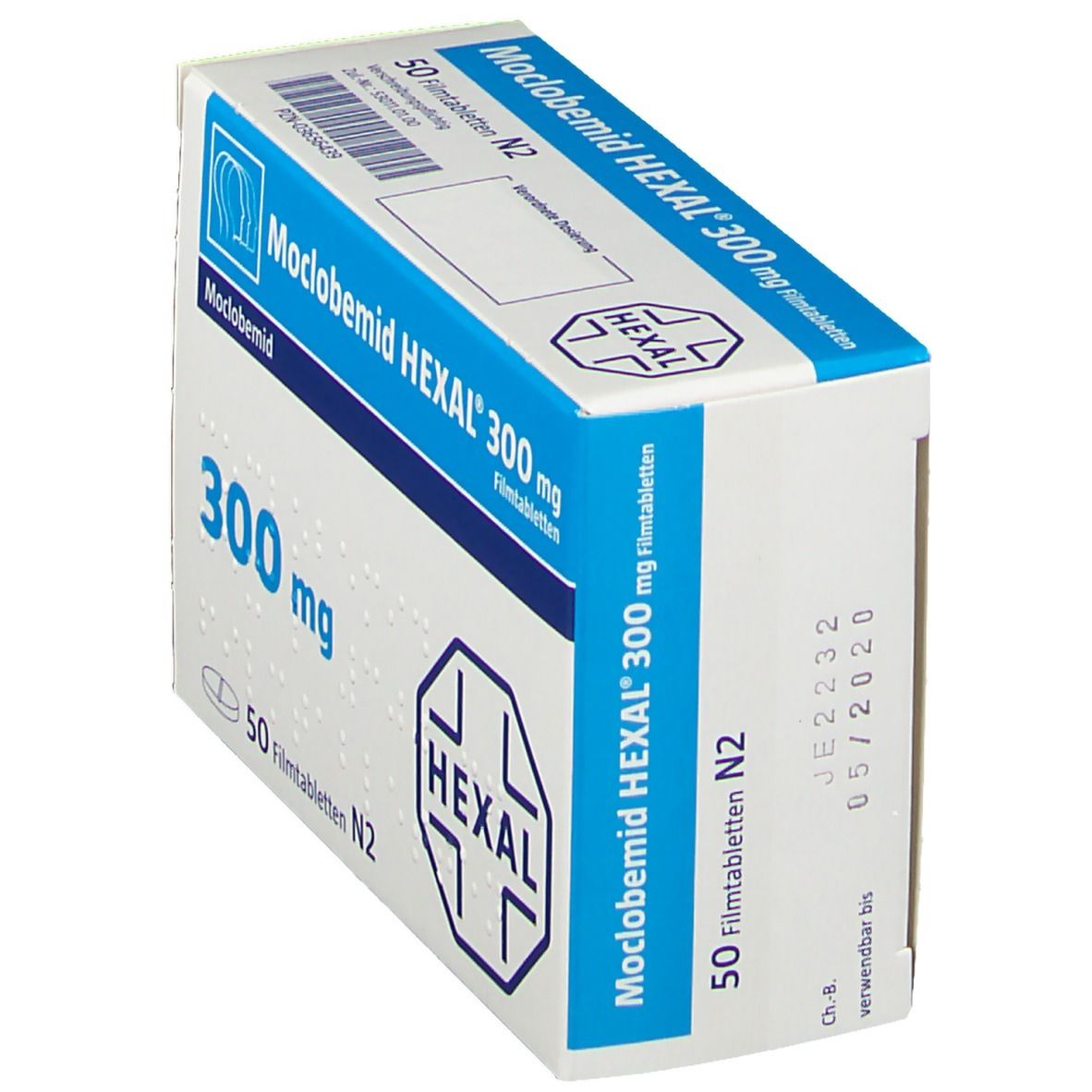 Schachtel MOCLOBEMID HEXAL 300 mg Filmtabletten. Aufschrift: 300 mg, 50 Filmtabletten N2, HEXAL Logo. Blaue und weiße Verpackung, schräge Ansicht.