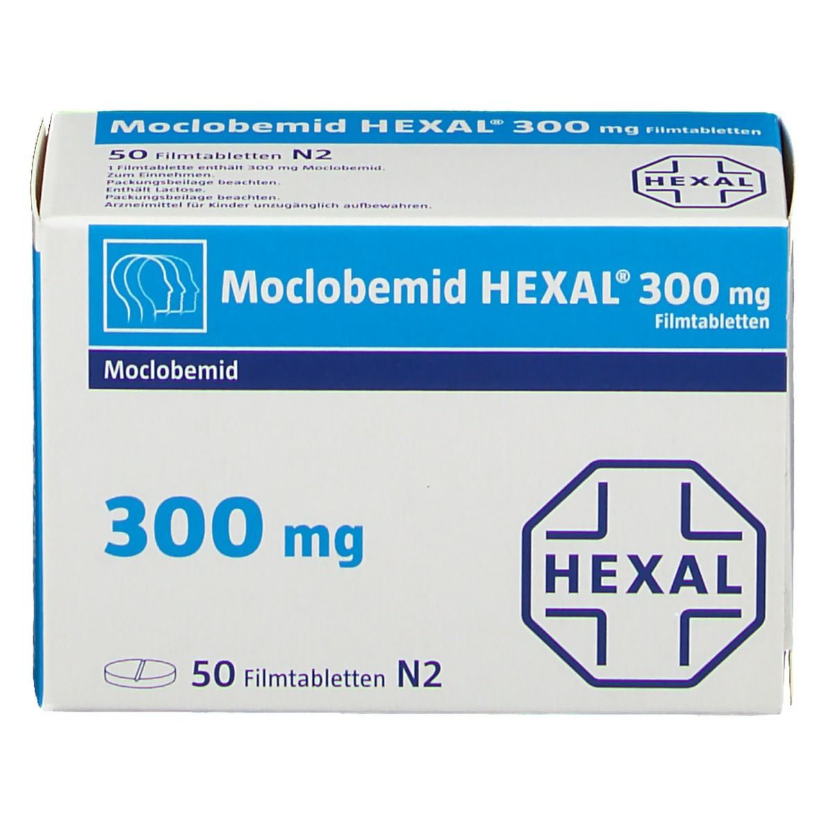Schachtel MOCLOBEMID HEXAL 300 mg Filmtabletten. Aufschrift: 300 mg, 50 Filmtabletten N2, HEXAL Logo. Blaue und weiße Verpackung.
