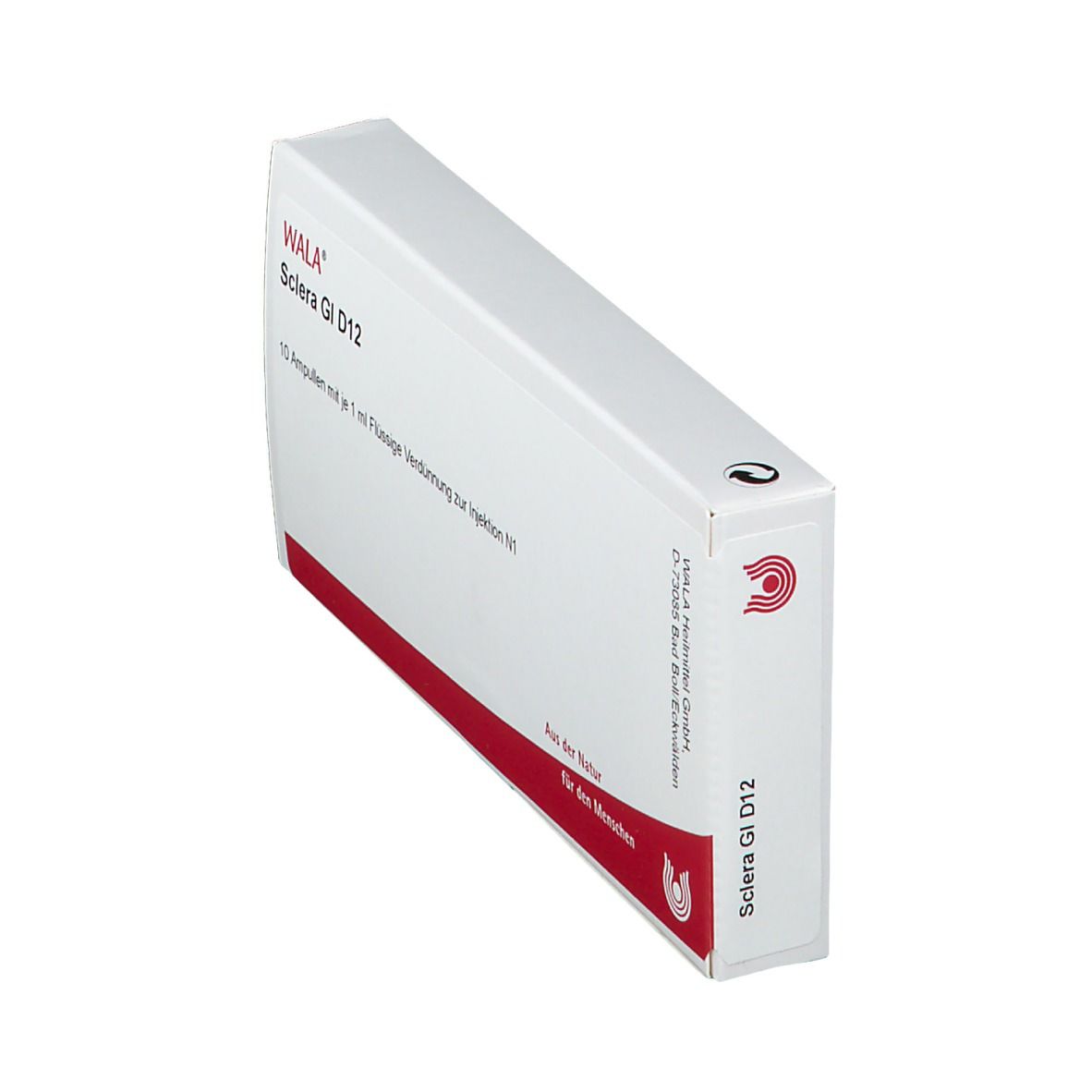 WALA® Sclera Gl D12-Verpackung. Weiße Schachtel mit rotem Streifen. Produktname und Logo sichtbar.