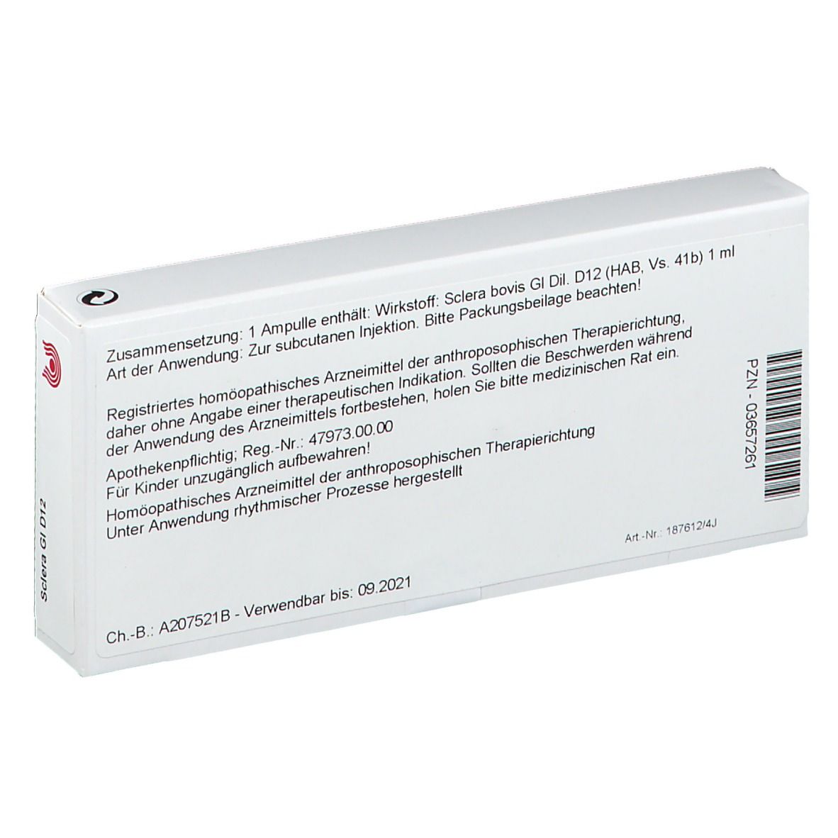 Rückseite der WALA® Sclera Gl D12-Verpackung. Text mit Produktinformationen und Chargennummer.