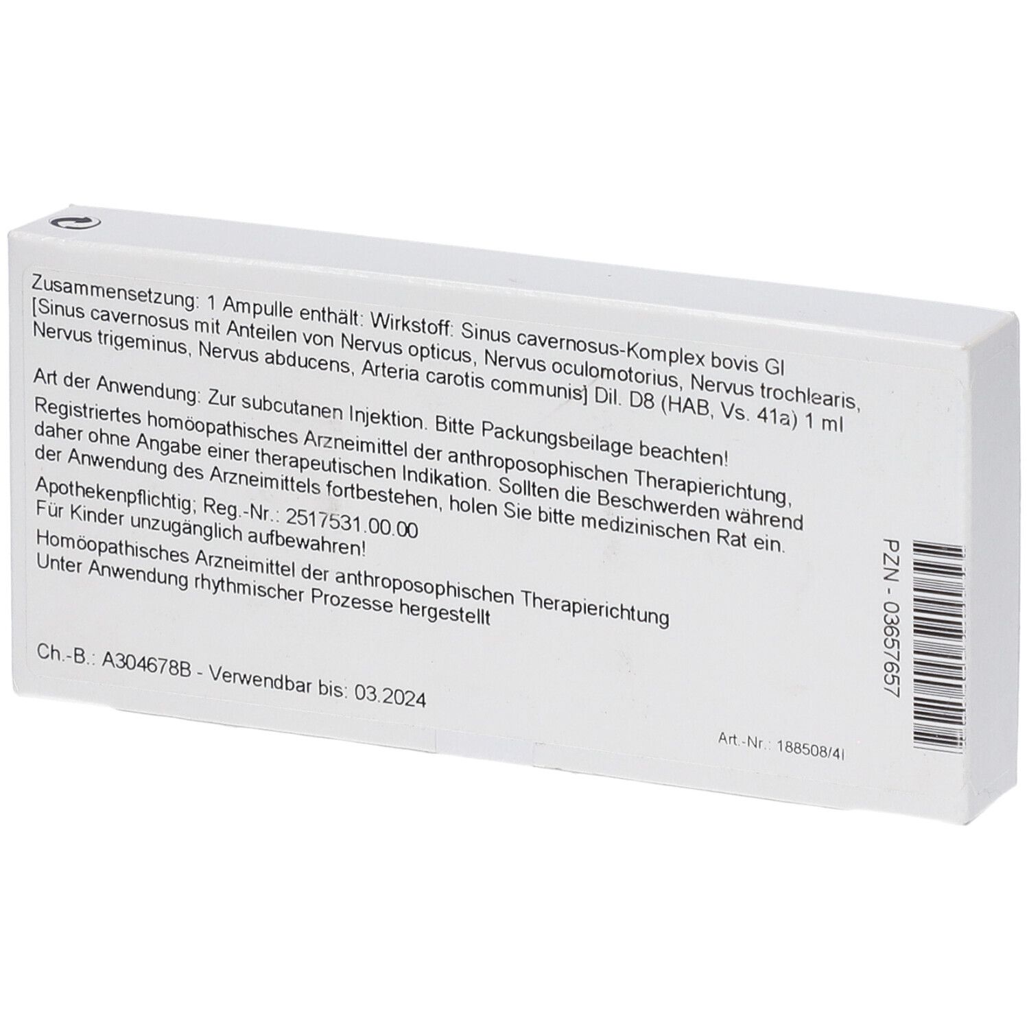 Rückseite der Schachtel. Text: Zusammensetzung, Art der Anwendung, Apothekenpflichtig. PZN-03657657. Verwendbar bis 03.2024.