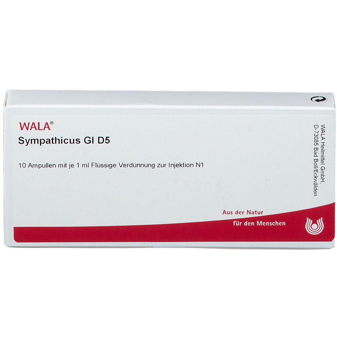 Weiße Schachtel mit rotem Streifen. Aufschrift: WALA Sympathicus Gl D 5. Enthält 10 Ampullen.