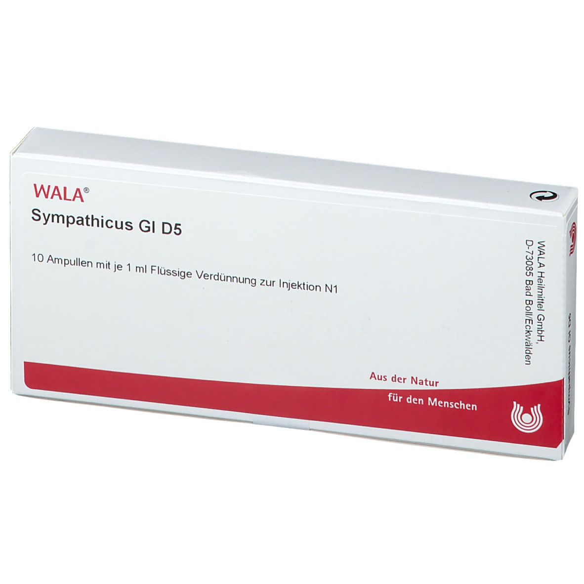 Weiße Schachtel mit rotem Streifen. Aufschrift: WALA Sympathicus Gl D 5. Enthält 10 Ampullen.