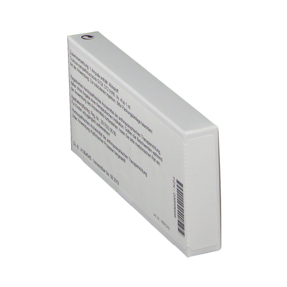 Schräg stehende Rückseite der weißen Faltschachtel. Text: Zusammensetzung, Art der Anwendung, Apothekenpflichtig, Reg.-Nr., Ch.-B., Verwendbar bis.
