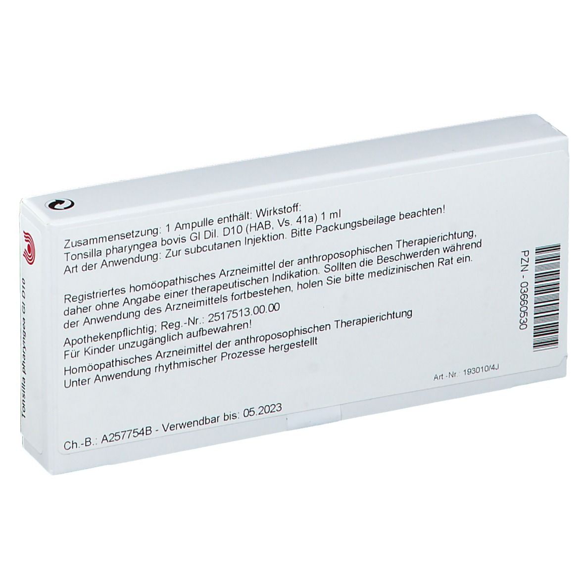 Rückseite der weißen Schachtel. Text: Zusammensetzung, Anwendung, PZN-03660530, Ch.-B. A257754B, Verwendbar bis 05.2023.