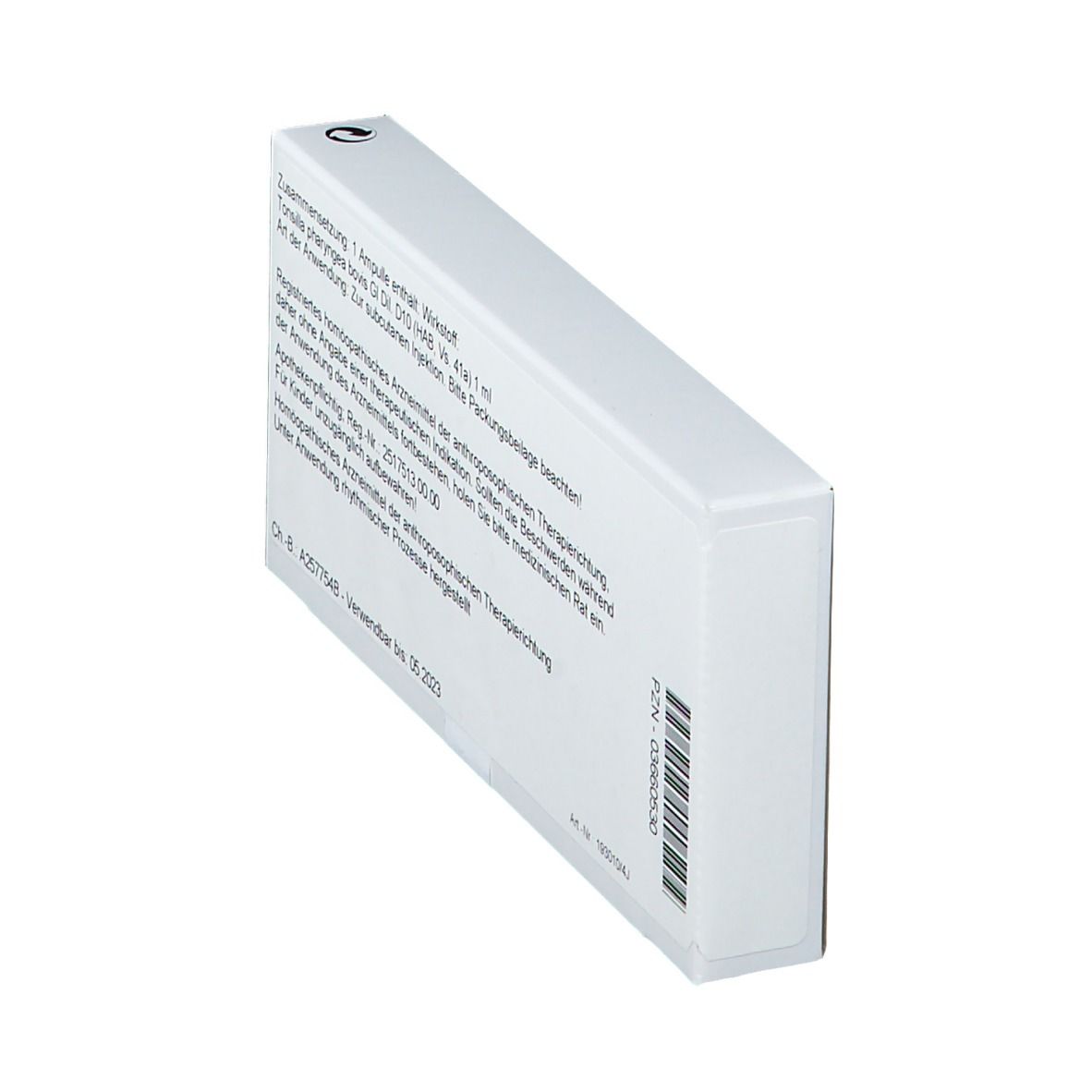 Rückseite der weißen Schachtel. Text: Zusammensetzung, Anwendung, PZN-03660530, Ch.-B. A257754B, Verwendbar bis 05.2023.