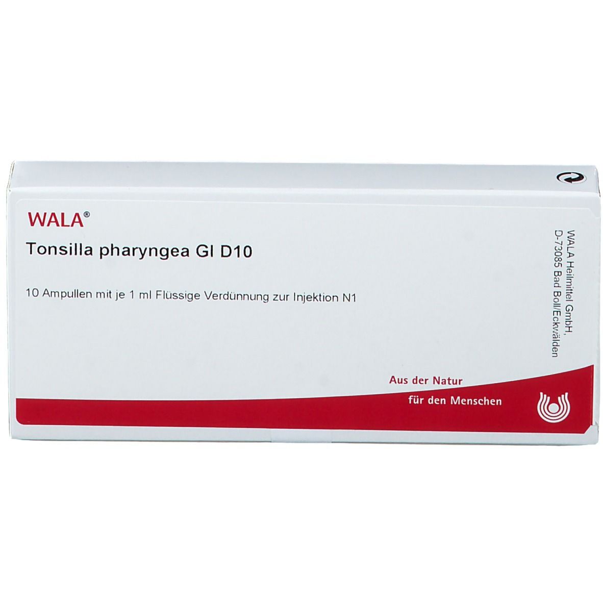 Weiße Schachtel mit rotem Streifen. Aufschrift: WALA Tonsilla pharyngea Gl D10. 10 Ampullen. Für die Menschen.