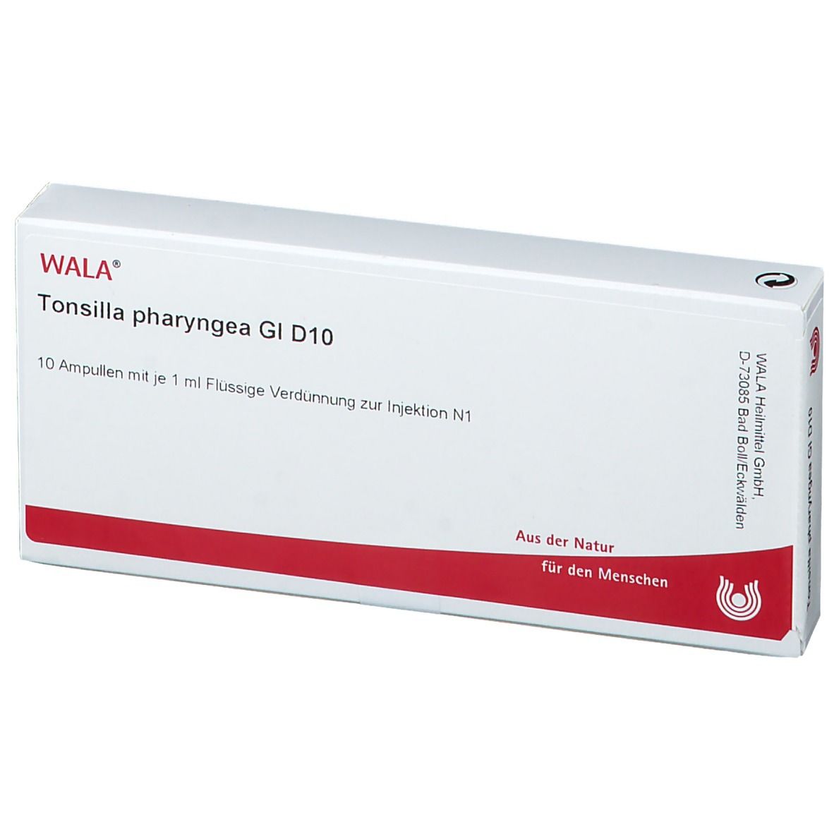 Weiße Schachtel mit rotem Streifen. Aufschrift: WALA Tonsilla pharyngea Gl D10. 10 Ampullen. Für die Menschen.
