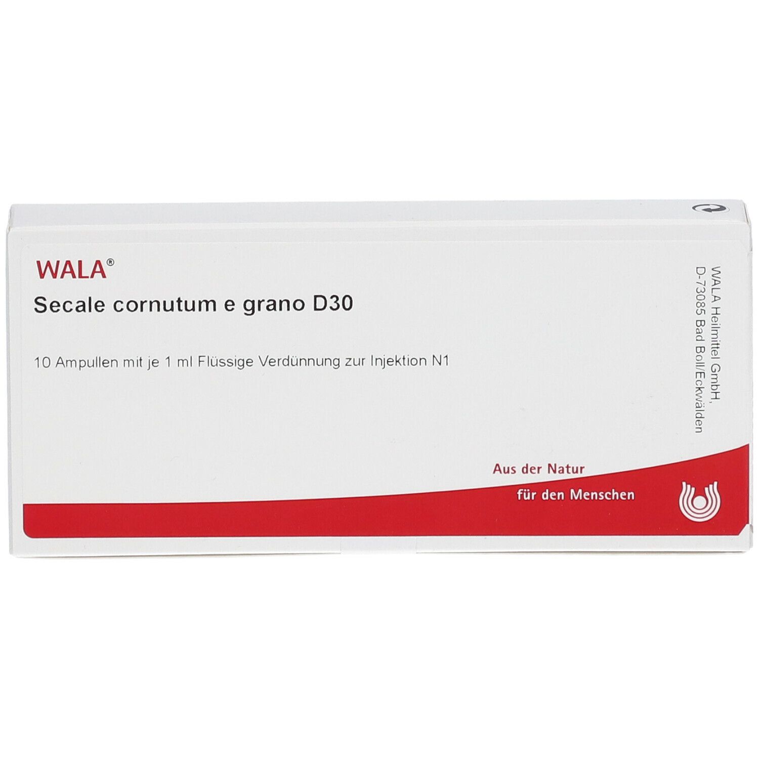 Weiße Schachtel mit rotem Streifen. Aufschrift: WALA Secale cornutum e grano D30. 10 Ampullen. Logo.