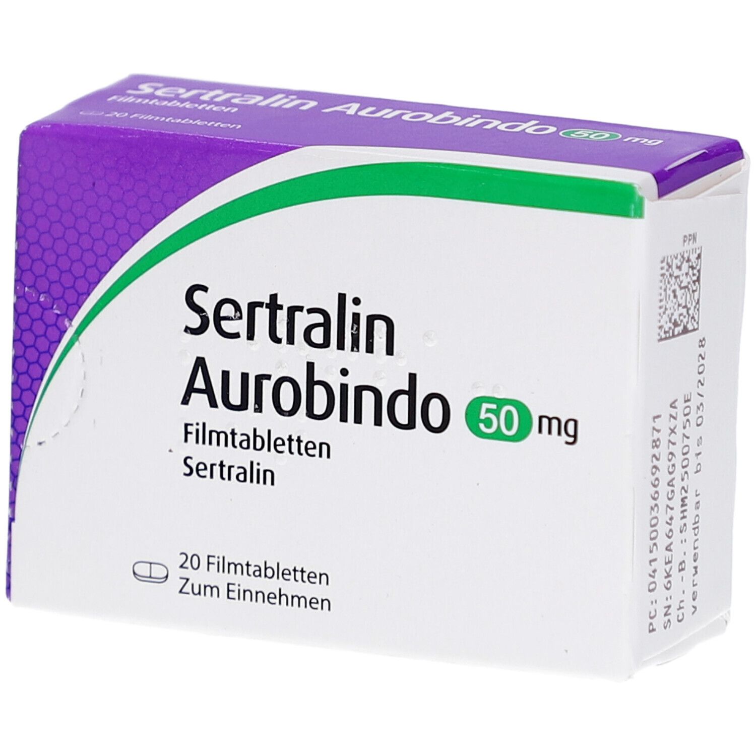 Schachtel Sertralin Aurobindo 50 mg. Aufschrift: Filmtabletten, 20 Filmtabletten, Zum Einnehmen. Grün-weiße Verpackung.