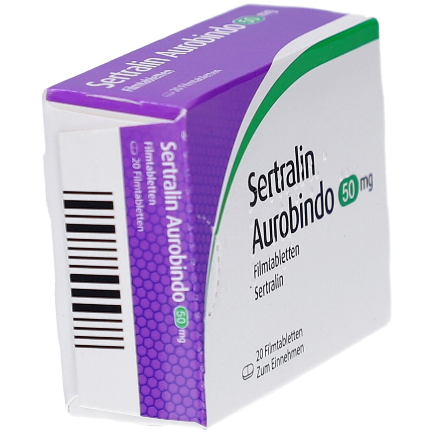 Schachtel Sertralin Aurobindo 50 mg. Verpackung schräg gestellt. Aufschrift: Filmtabletten, 20 Filmtabletten, Zum Einnehmen. Grün-weiße Verpackung.