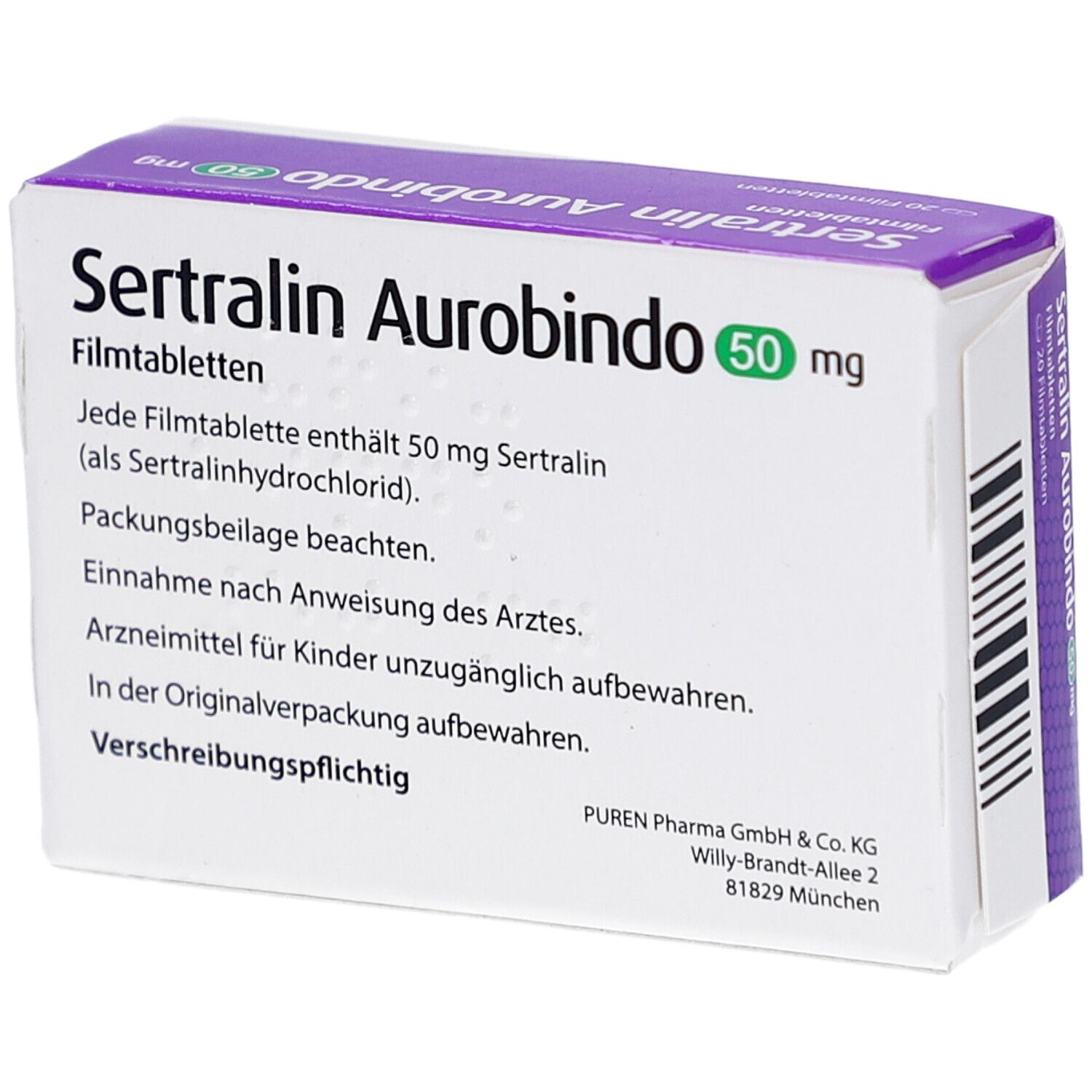 Schachtel Sertralin Aurobindo 50 mg. Rückseite mit Text. Aufschrift: Filmtabletten, 20 Filmtabletten, Zum Einnehmen. Grün-weiße Verpackung.