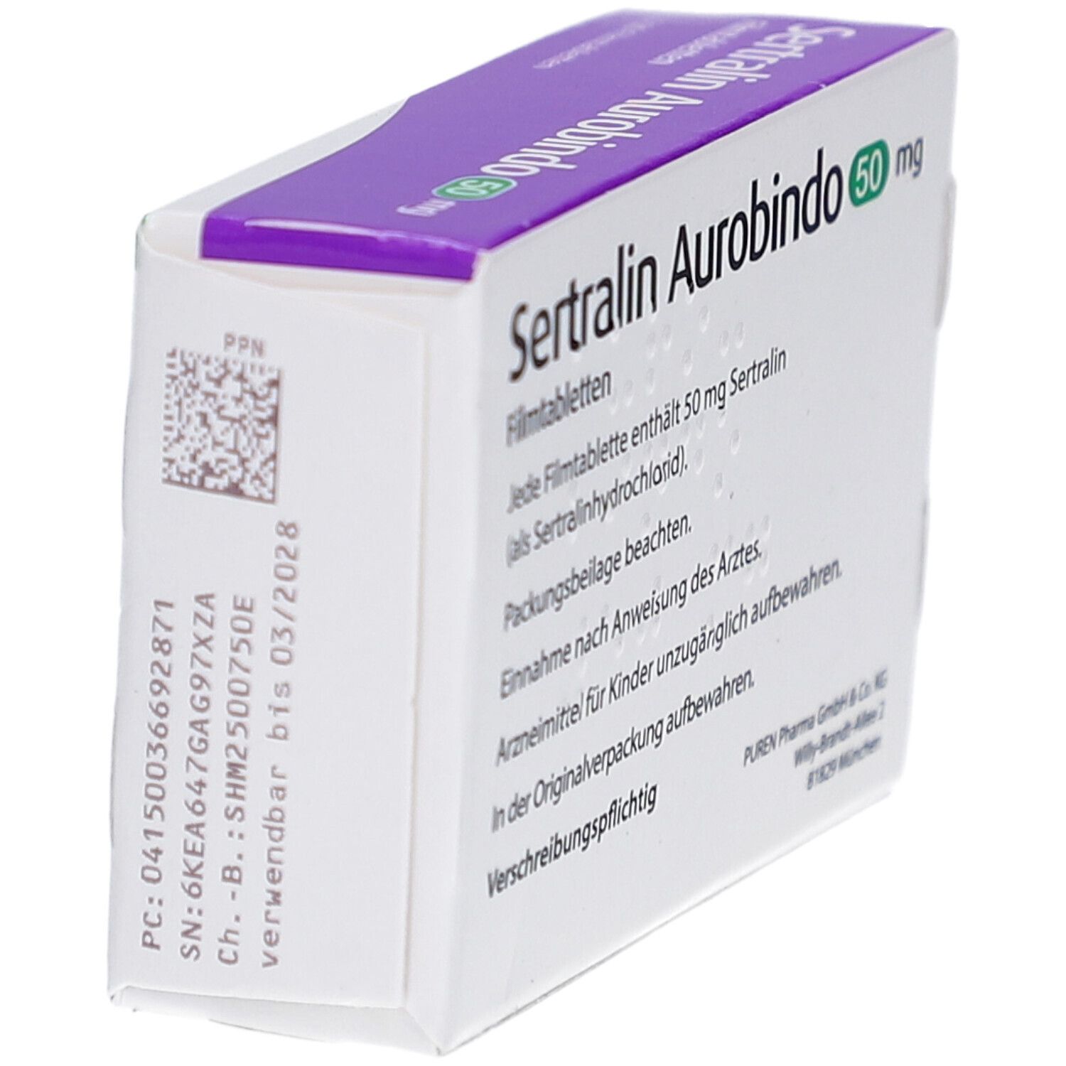 Schachtel Sertralin Aurobindo 50 mg. Rückseite mit Text und Barcode. Grün-weiße Verpackung. Aufschrift: Filmtabletten, 20 Filmtabletten, Zum Einnehmen.
