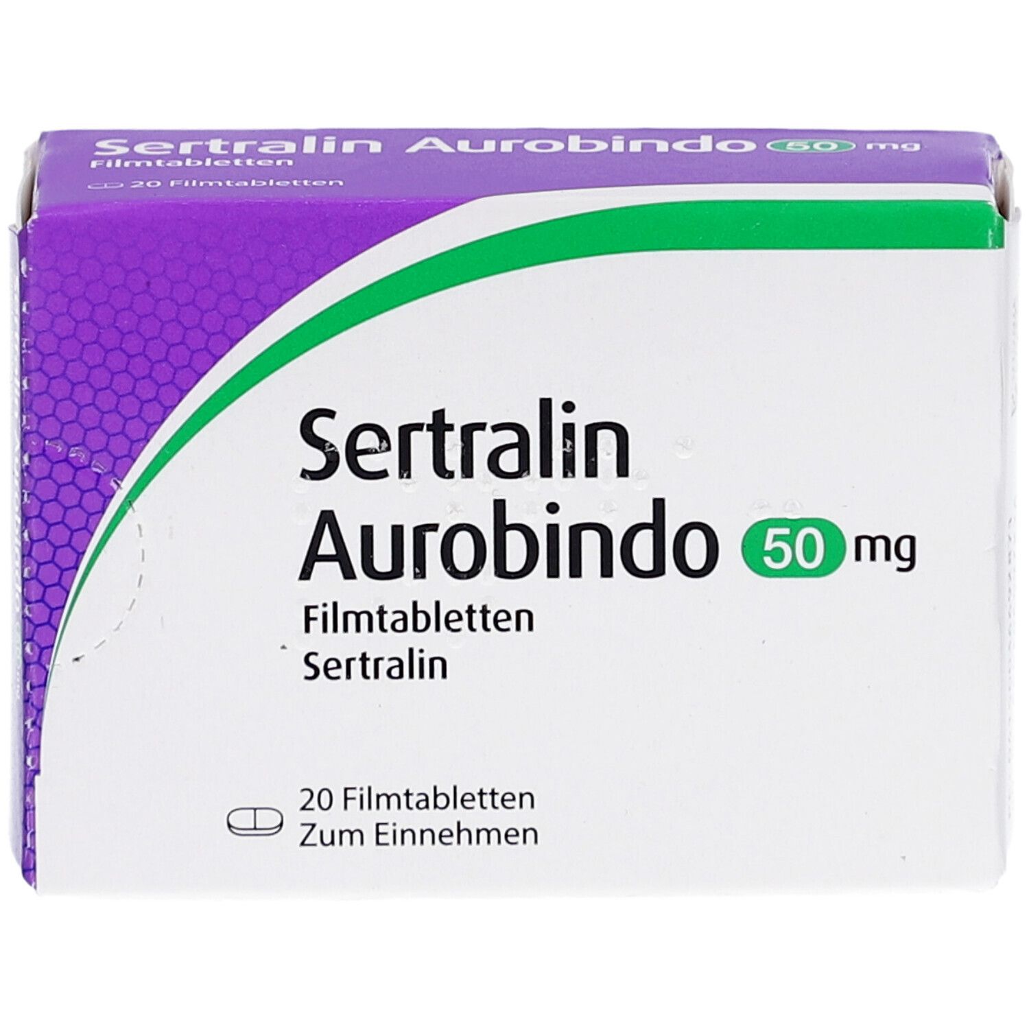 Schachtel Sertralin Aurobindo 50 mg. Aufschrift: Filmtabletten, 20 Filmtabletten, Zum Einnehmen. Grün-weiße Verpackung.