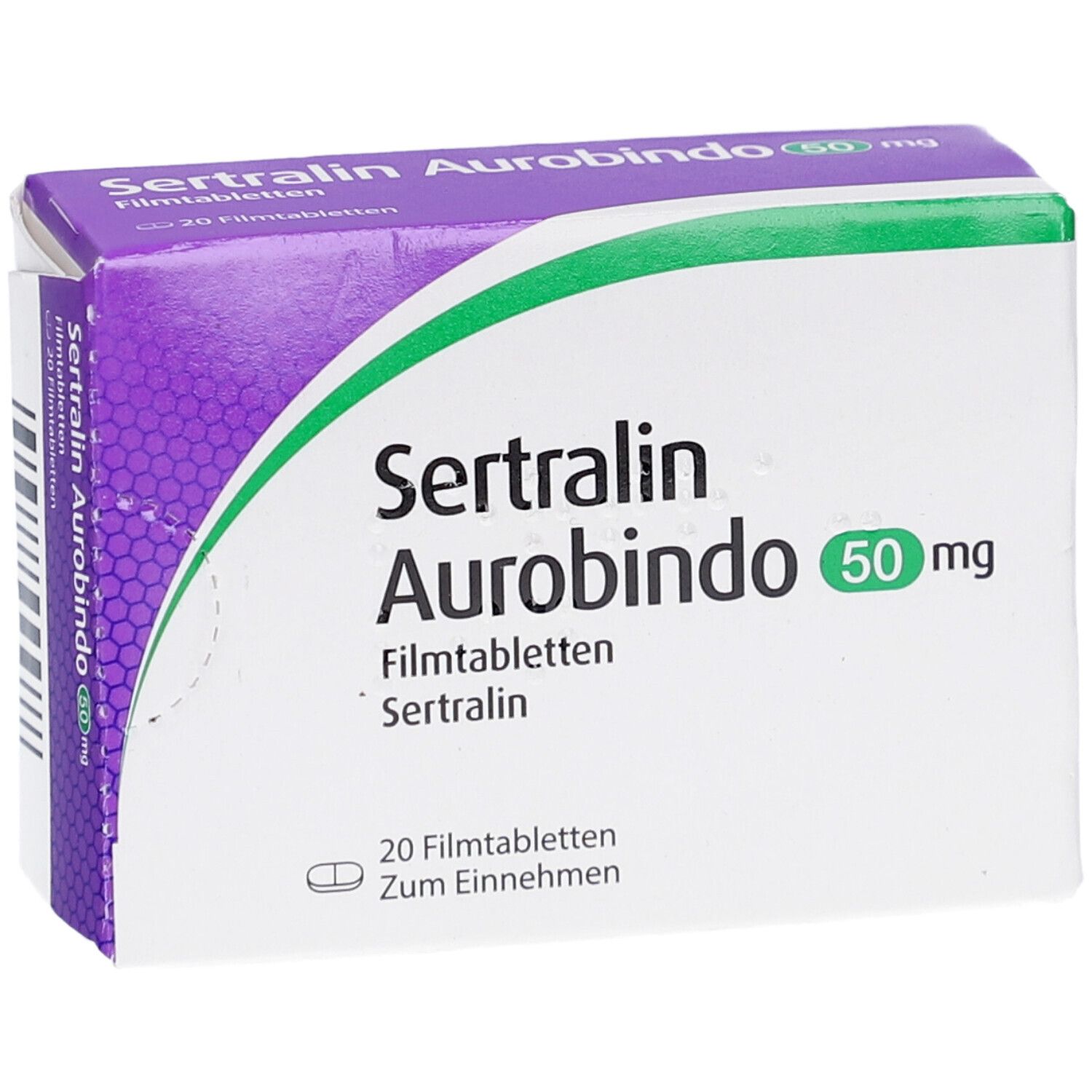 Schachtel Sertralin Aurobindo 50 mg. Aufschrift: Filmtabletten, 20 Filmtabletten, Zum Einnehmen. Grün-weiße Verpackung.