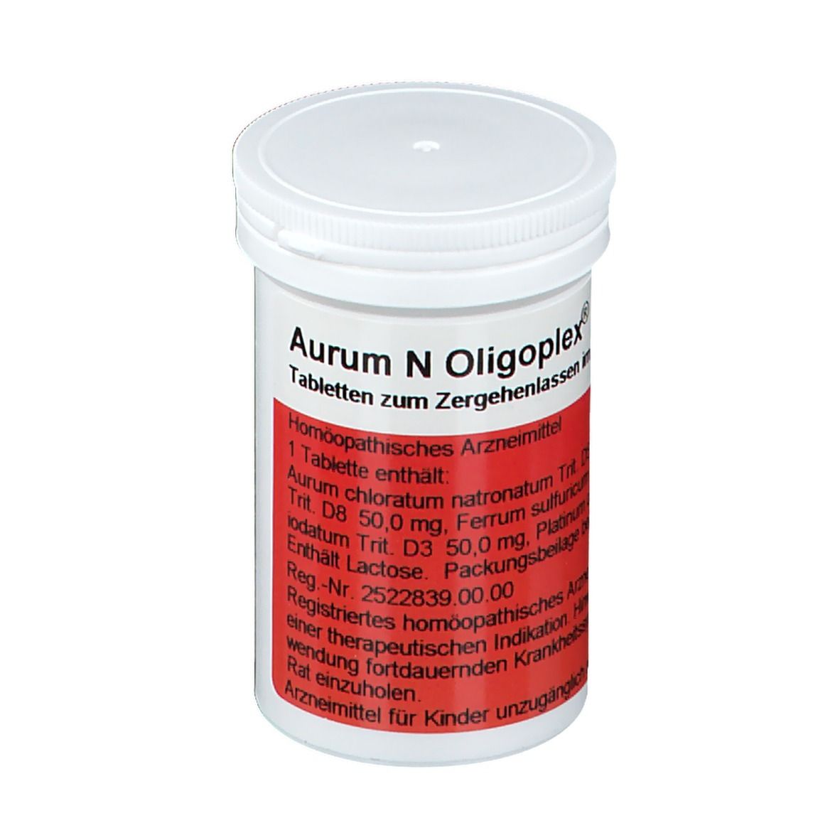 Weiße Tabletten-Dose mit rotem Etikett. Aufschrift: AURUM N OLIGOPLEX. Homöopathisches Arzneimittel.