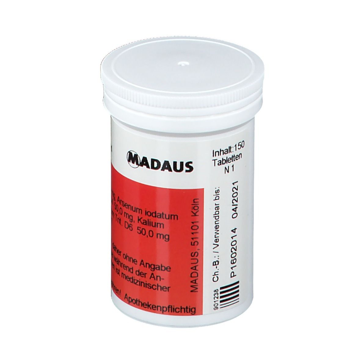 Weiße Tabletten-Dose mit rotem Etikett. Aufschrift: MADAUS. Inhalt 150 Tabletten. Verwendbar bis 04/2021.