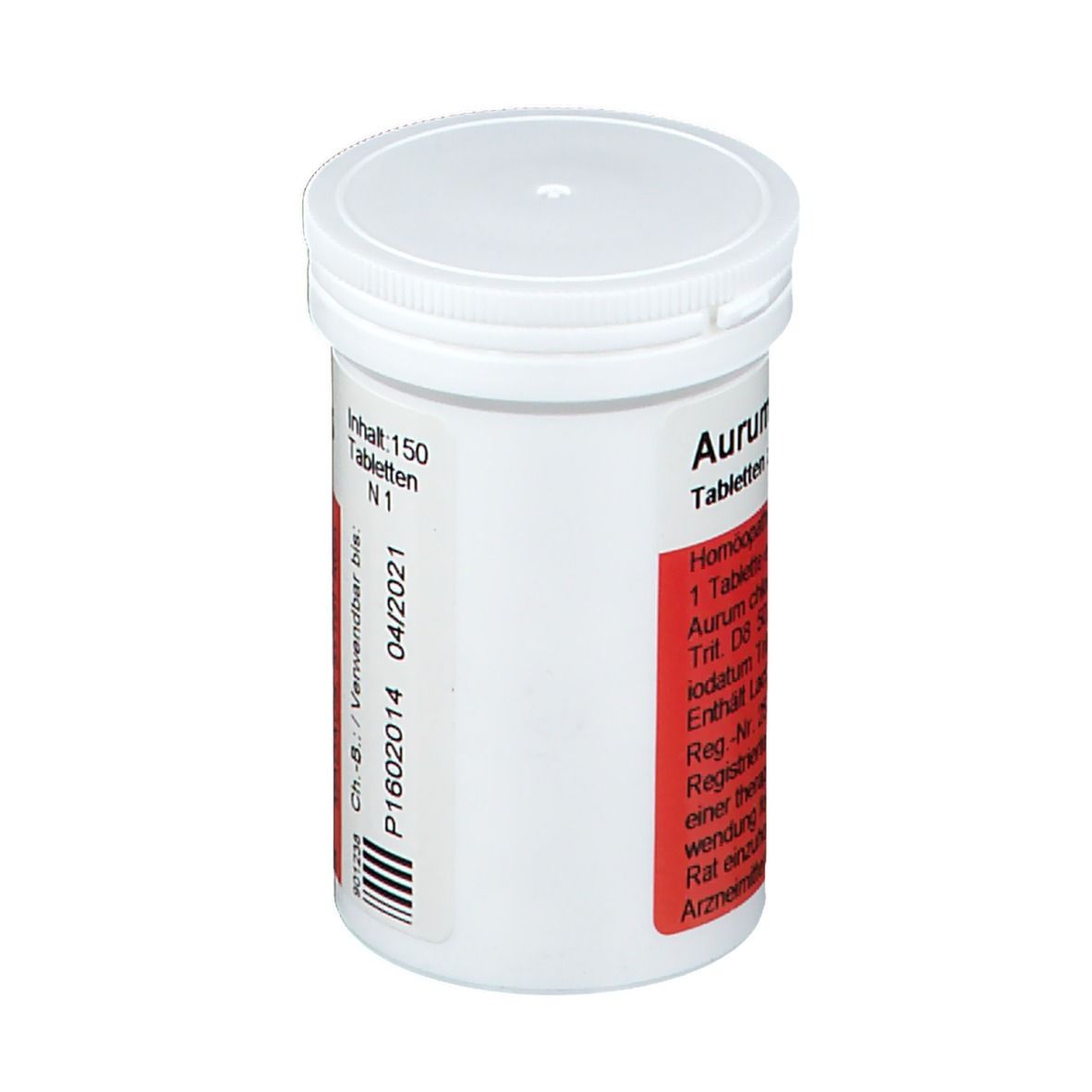 Weiße Tabletten-Dose mit rotem Etikett. Aufschrift: AURUM N OLIGOPLEX. Inhalt 150 Tabletten. Verwendbar bis 04/2021.