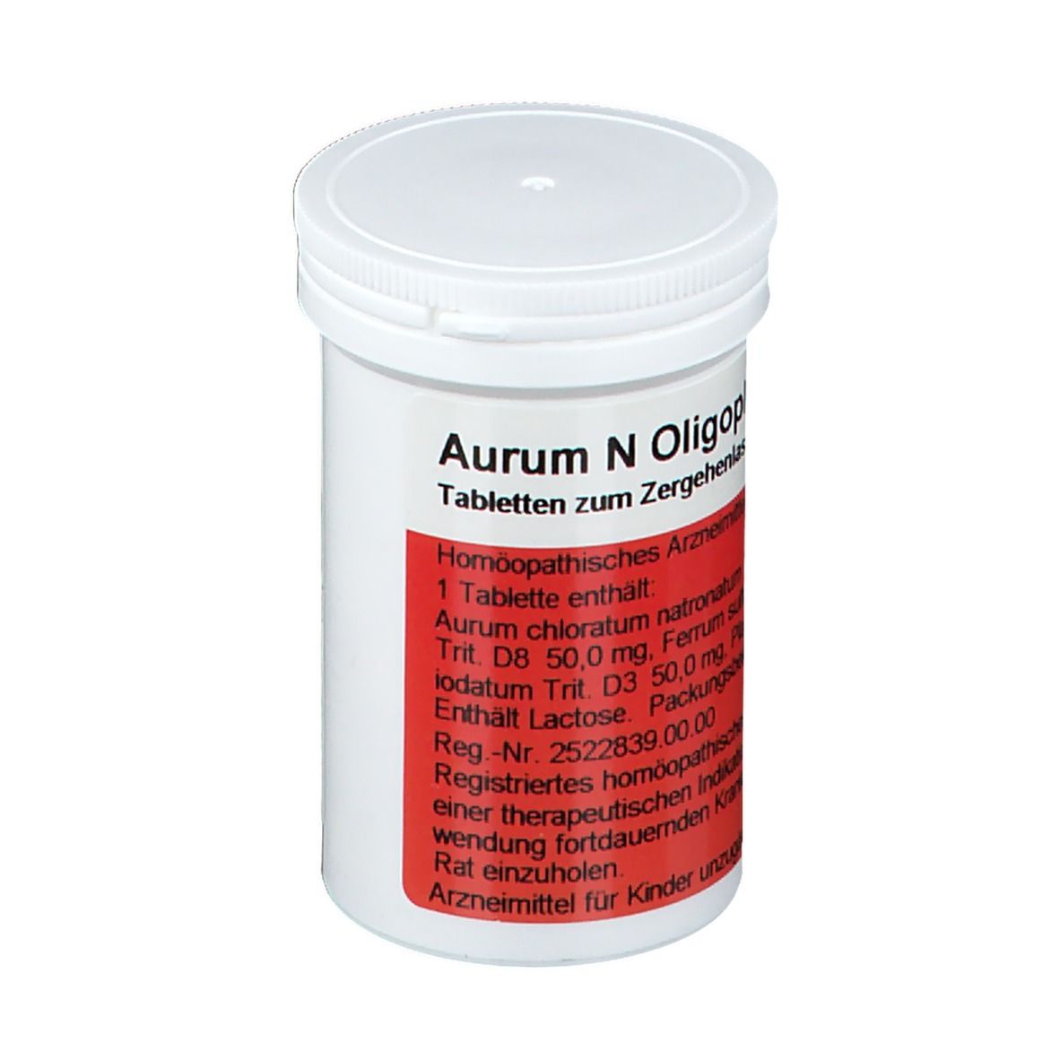 Weiße Tabletten-Dose mit rotem Etikett. Aufschrift: AURUM N OLIGOPLEX. Homöopathisches Arzneimittel.