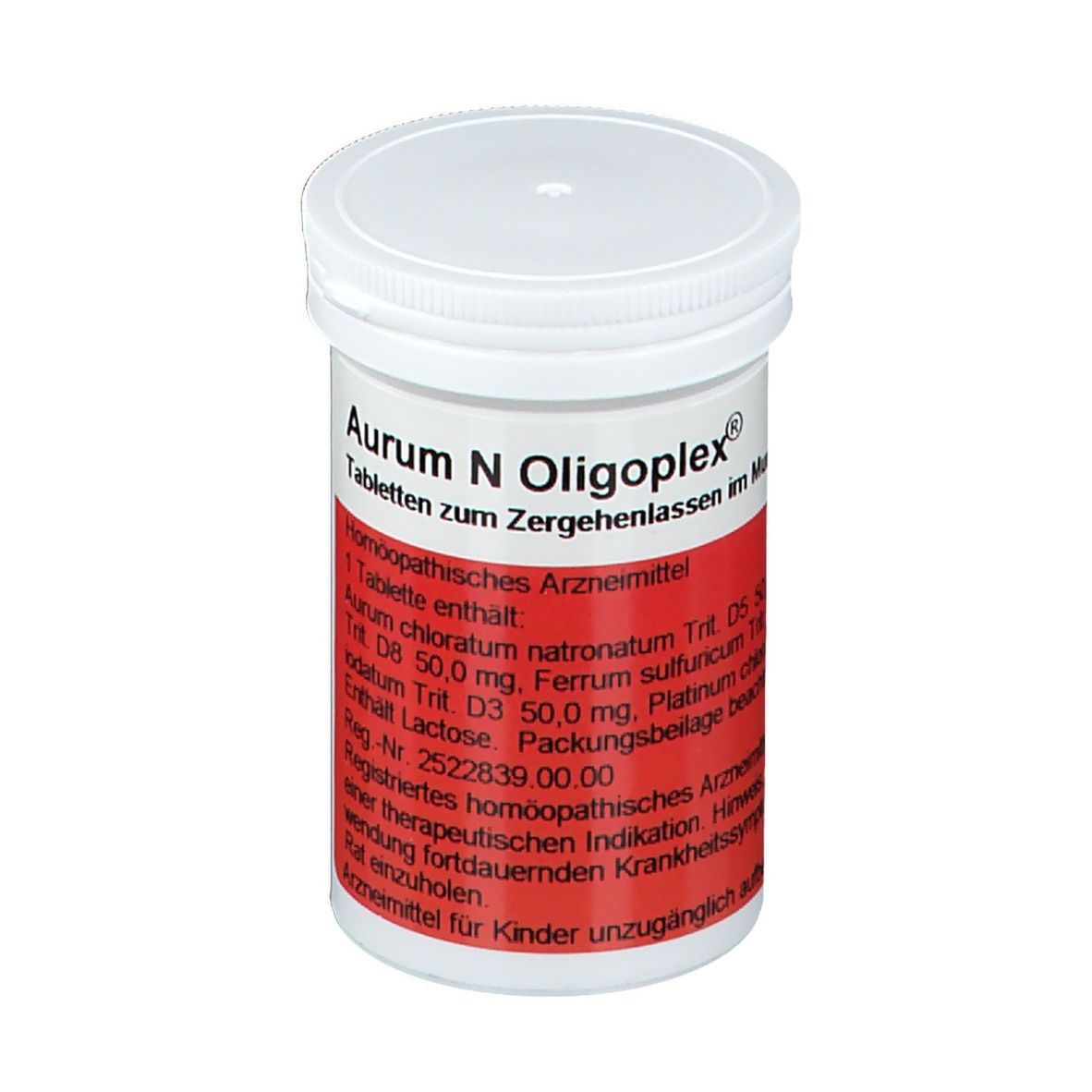 Weiße Tabletten-Dose mit rotem Etikett. Aufschrift: AURUM N OLIGOPLEX. Tabletten zum Zergehenlassen im Mund.