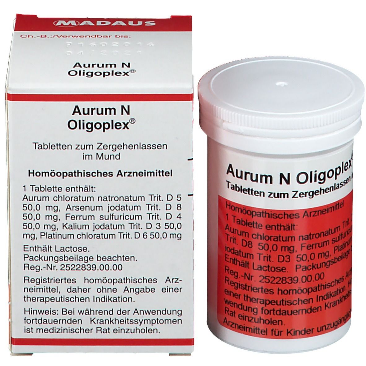 Tablettendose und Schachtel. Aufschrift: AURUM N OLIGOPLEX. Tabletten zum Zergehenlassen im Mund. Homöopathisches Arzneimittel.