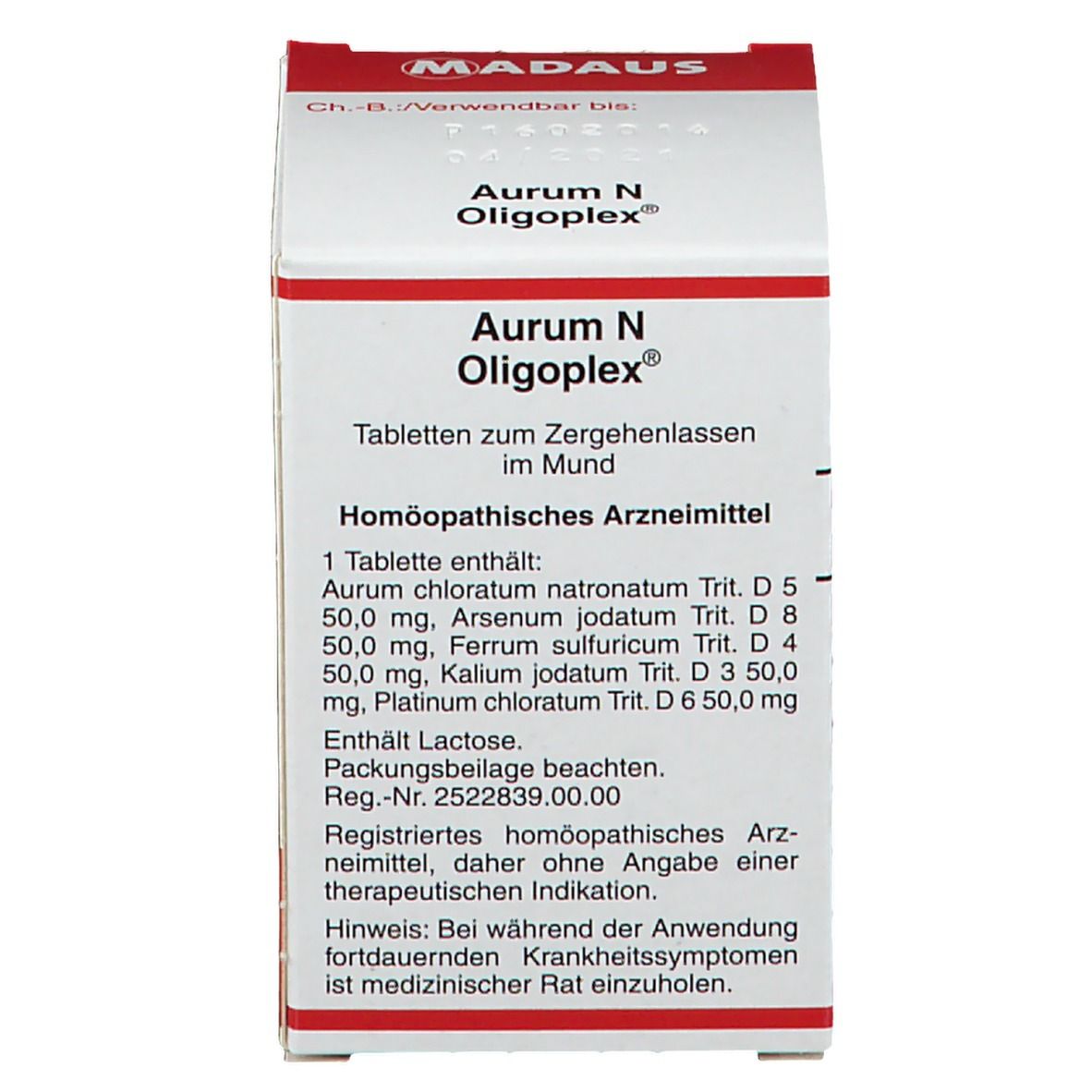 Schachtel. Aufschrift: AURUM N OLIGOPLEX. Tabletten zum Zergehenlassen im Mund. Homöopathisches Arzneimittel.